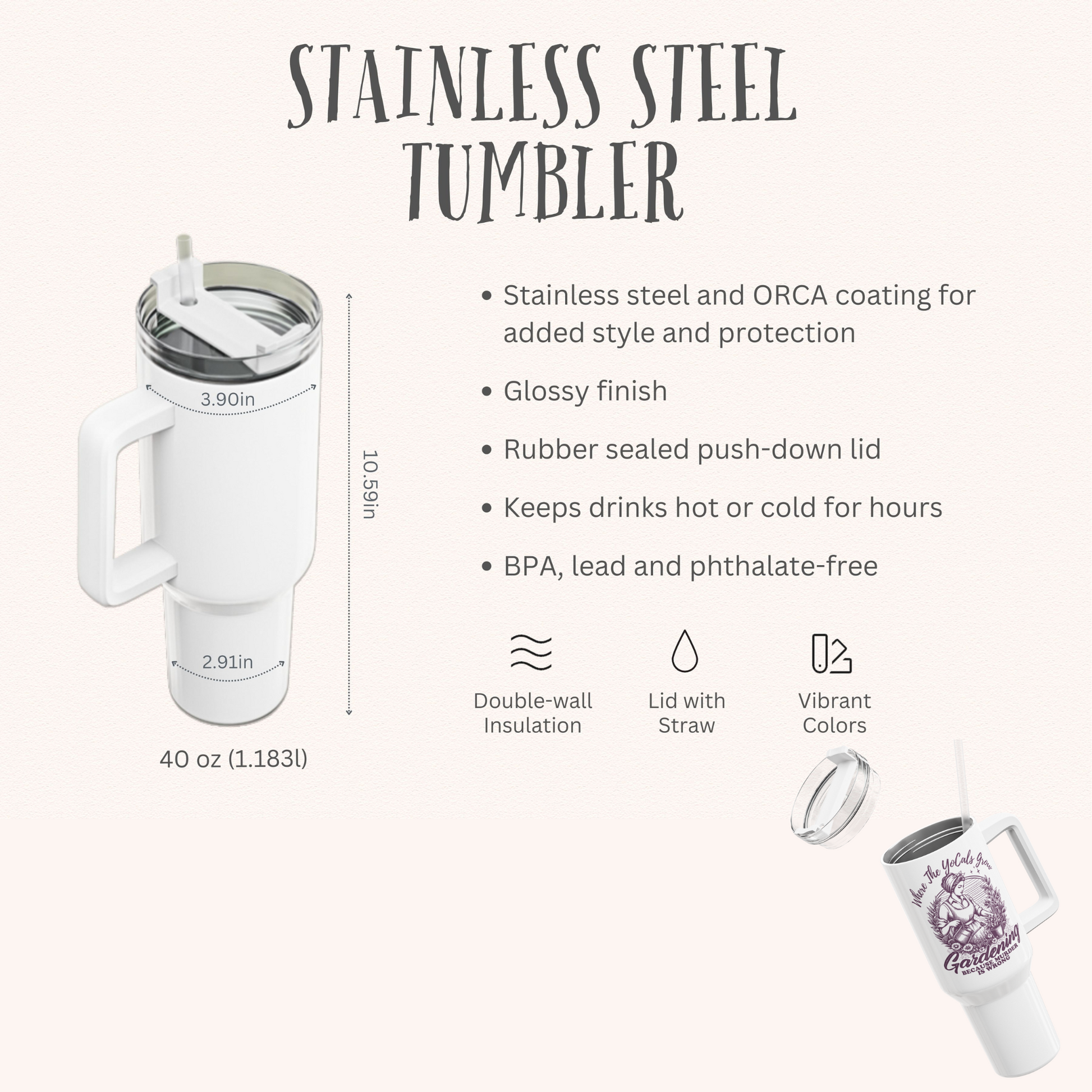 Boho Gardening Tumbler, 40oz - 'If You Plant Them, They Will Come' Design