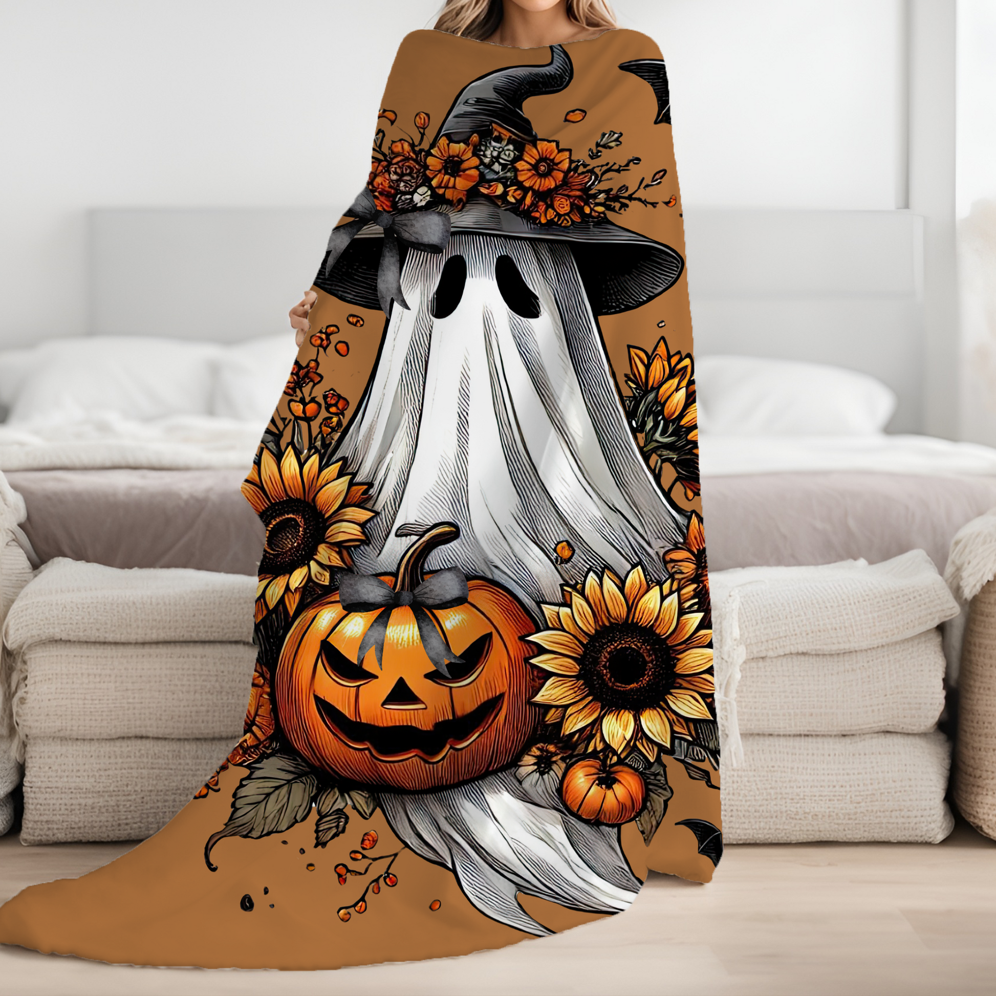 Boho Coquette Halloween Ghost Plush Blanket – Whimsical Autumn Throw for Cozy Fall Nights & Gothic Home Déco