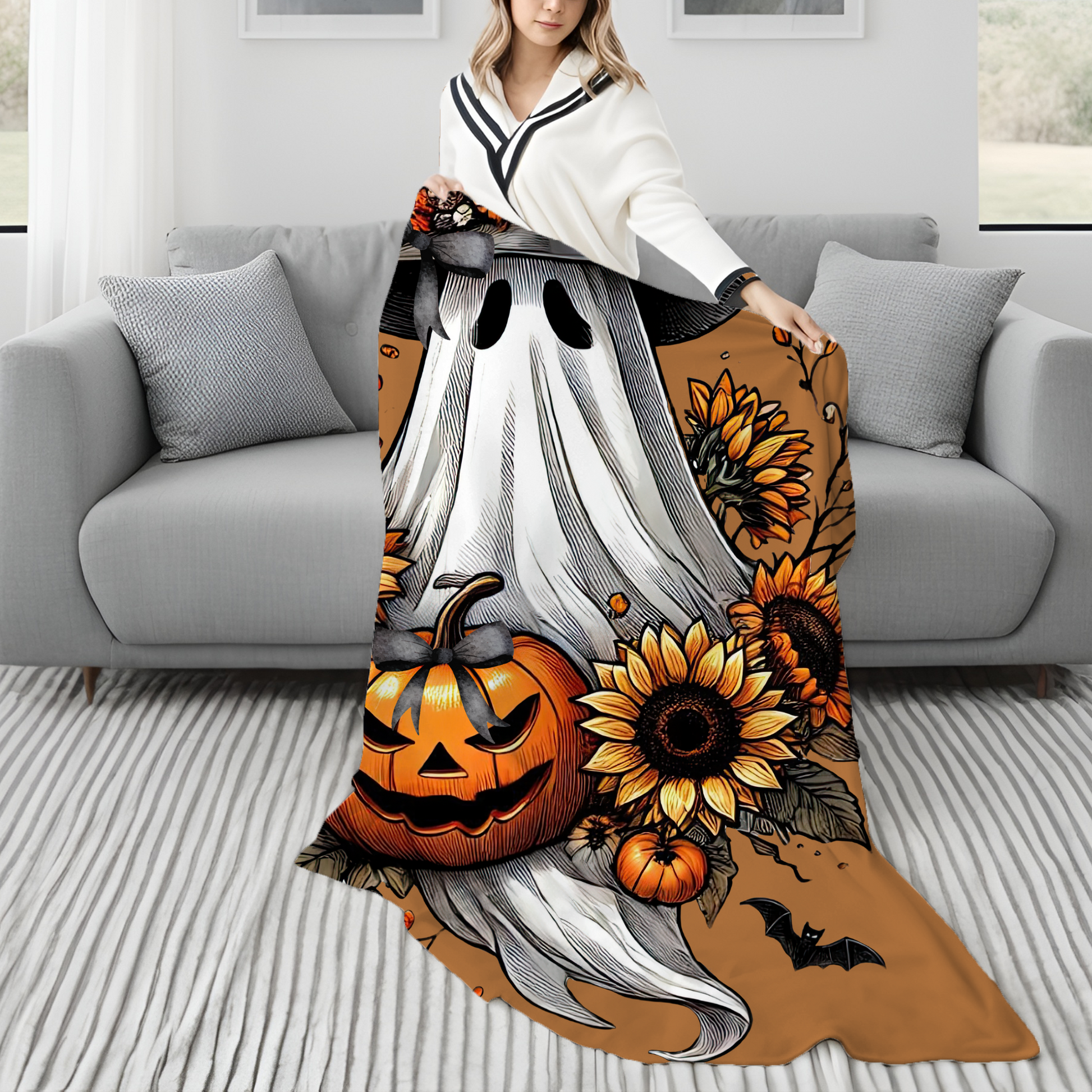Boho Coquette Halloween Ghost Plush Blanket – Whimsical Autumn Throw for Cozy Fall Nights & Gothic Home Déco