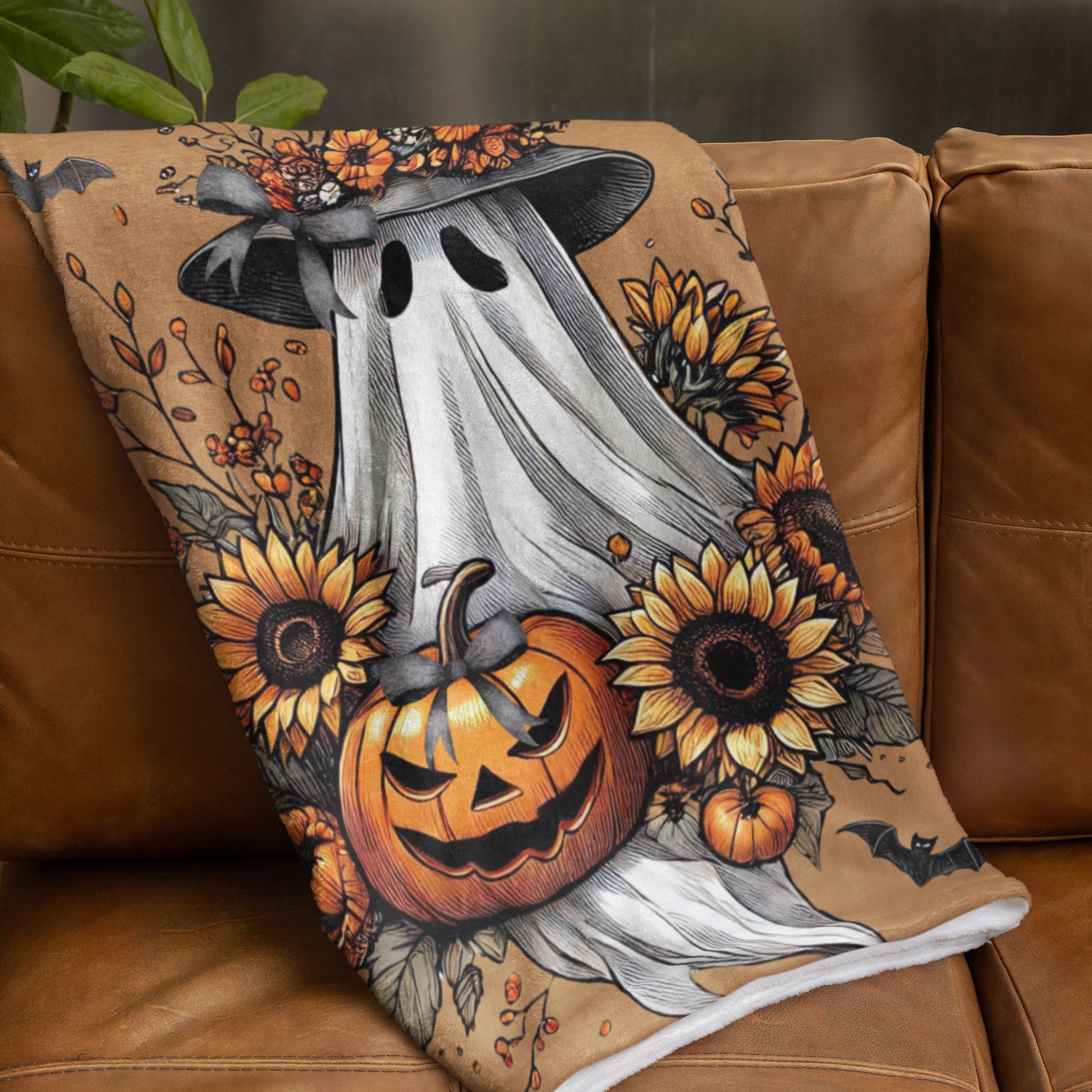 Boho Coquette Halloween Ghost Plush Blanket – Whimsical Autumn Throw for Cozy Fall Nights & Gothic Home Déco