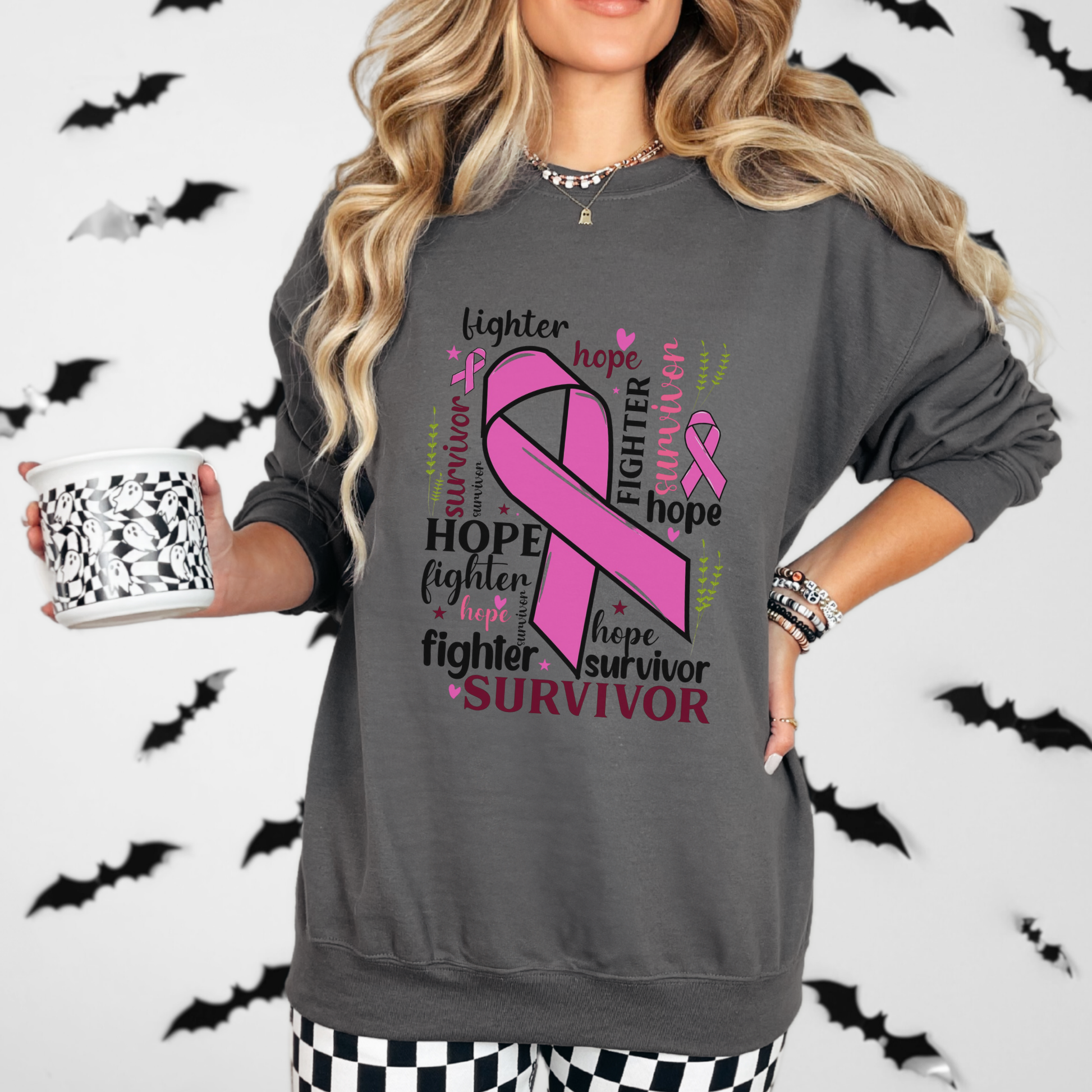 Breast Cancer Awareness Sweatshirt - Hope, Fighter, Survivor, Support Gift, Unisex Crewneck, Inspirational Apparel