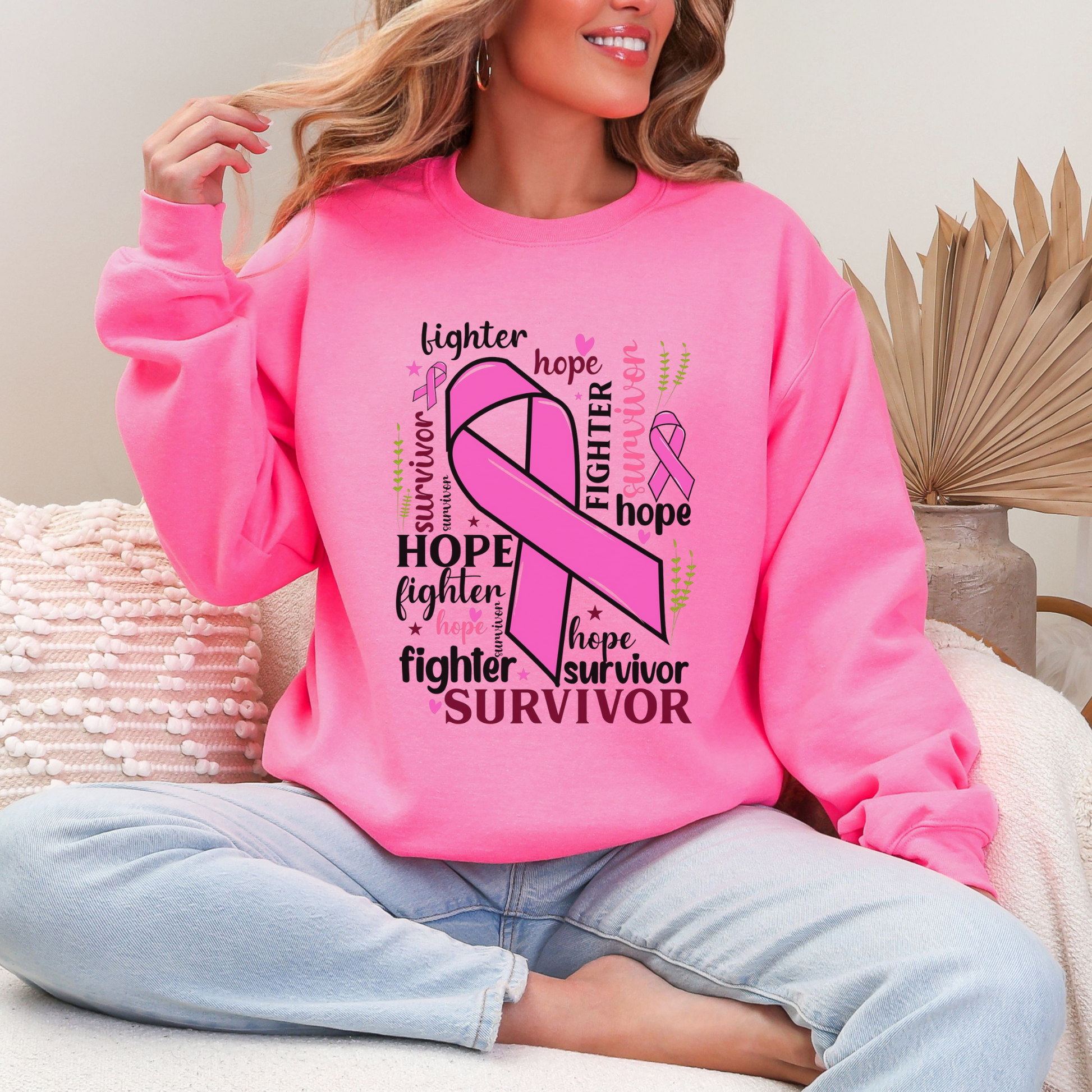 Breast Cancer Awareness Sweatshirt - Hope, Fighter, Survivor, Support Gift, Unisex Crewneck, Inspirational Apparel