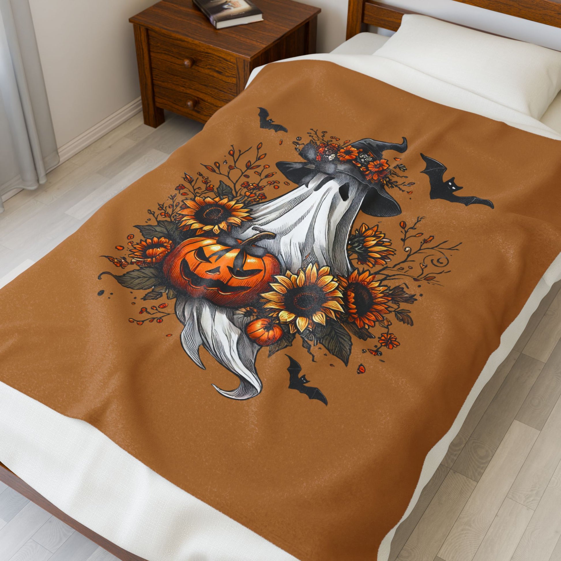 Boho Coquette Halloween Ghost Plush Blanket – Whimsical Autumn Throw for Cozy Fall Nights & Gothic Home Déco