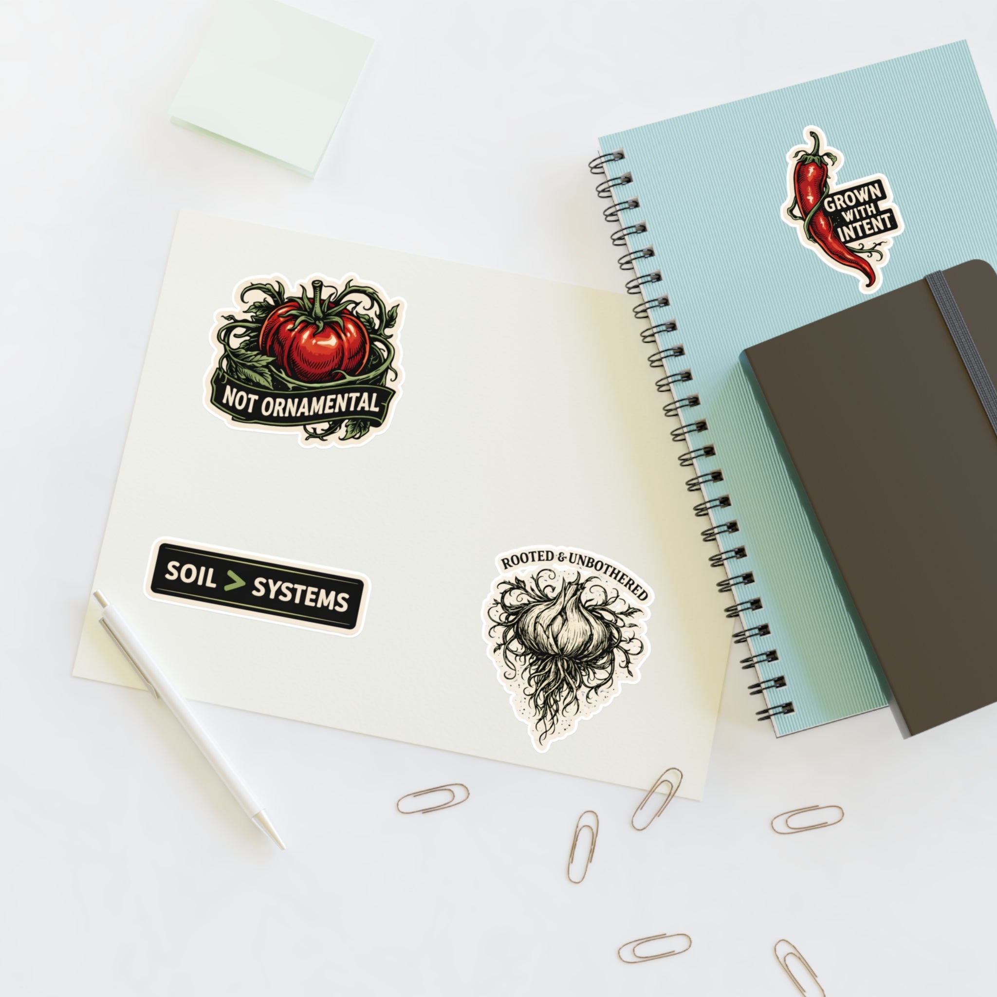 Gardener Sticker Sheet — "Not Ornamental" Tomato, "Grown With Intent" Chili & Soil > Systems