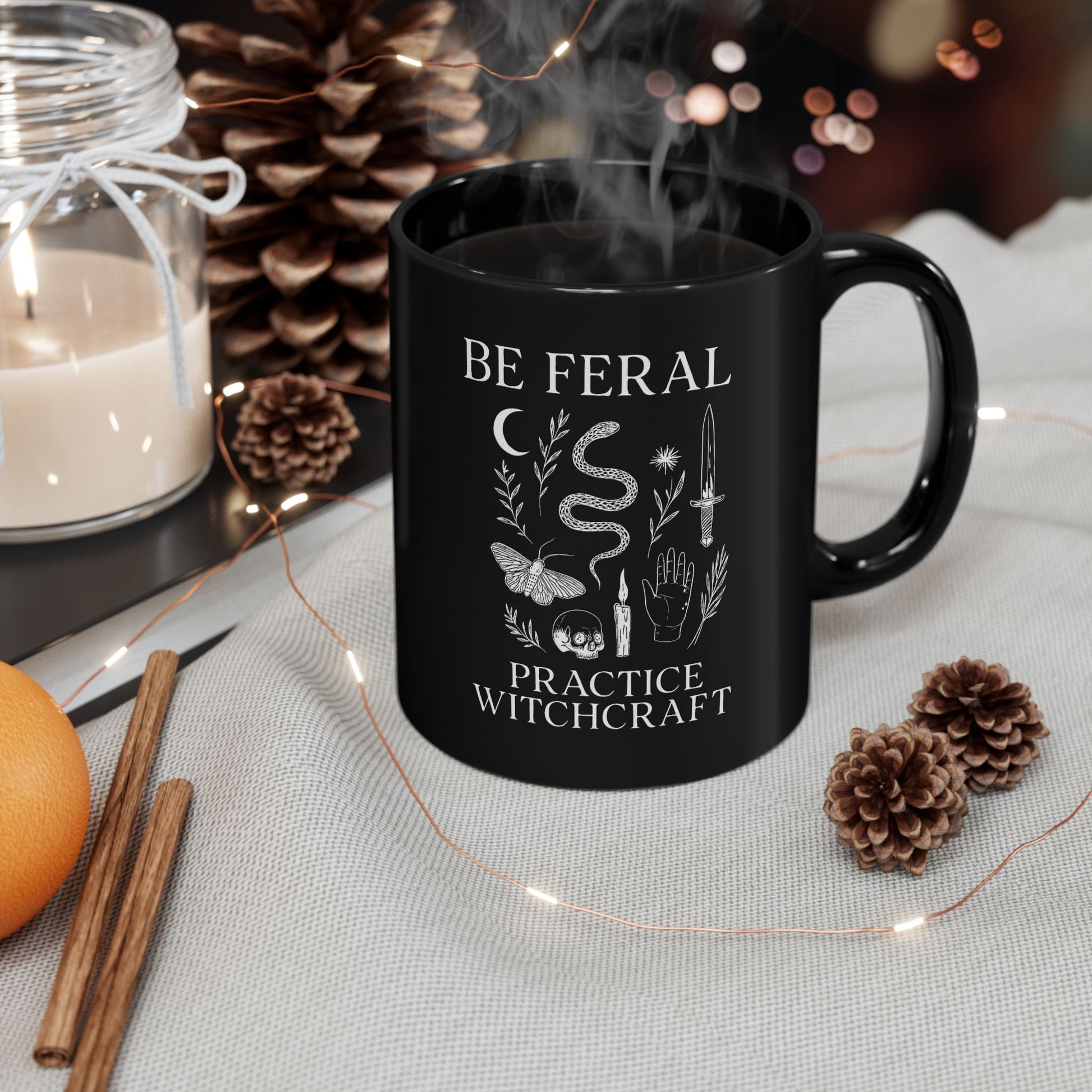 Feral Halloween Coffee Mug, Be Feral Practice Witchcraft Black Mug | Witchcore Cauldron Cup with Snake, Skull & Dagger