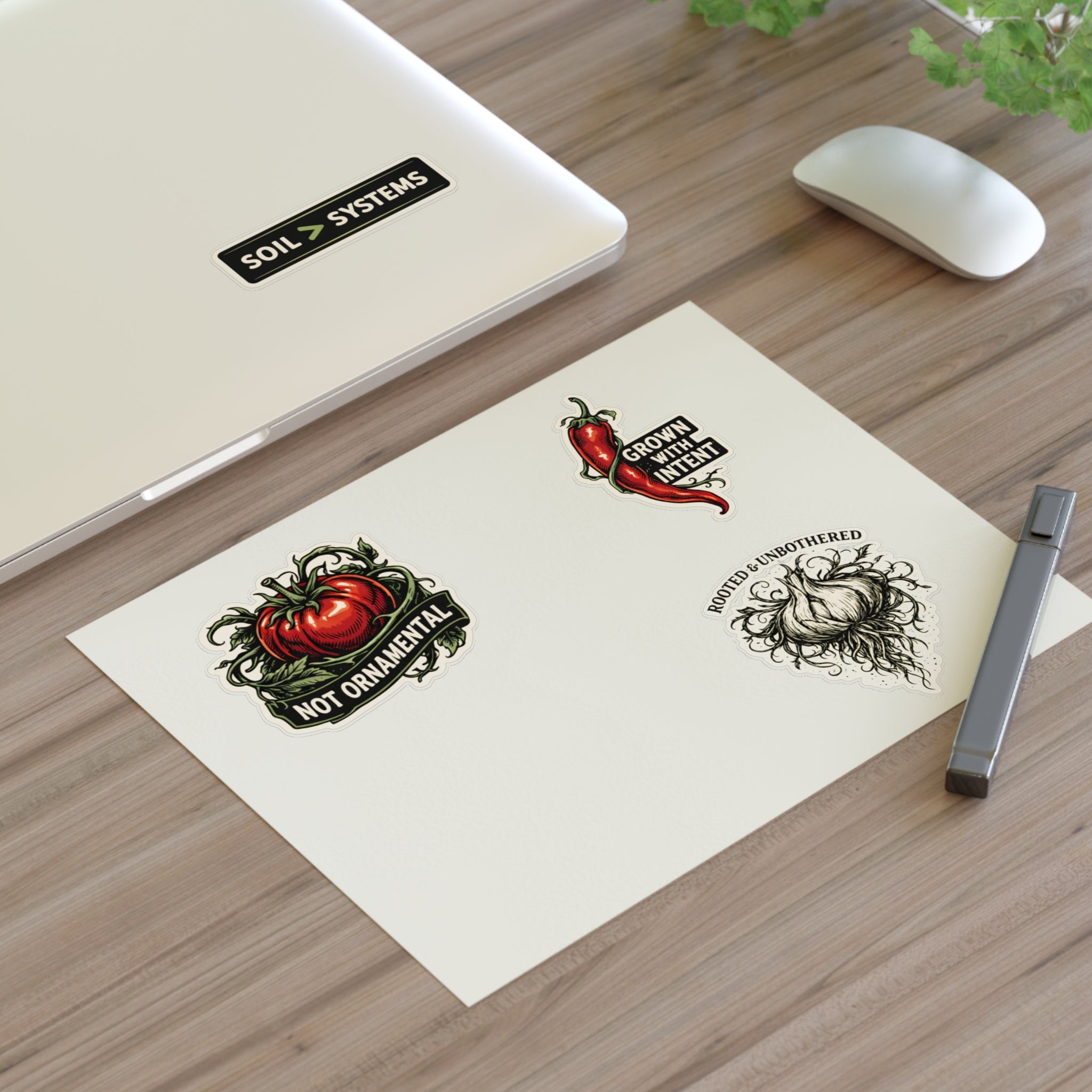 Gardener Sticker Sheet — "Not Ornamental" Tomato, "Grown With Intent" Chili & Soil > Systems
