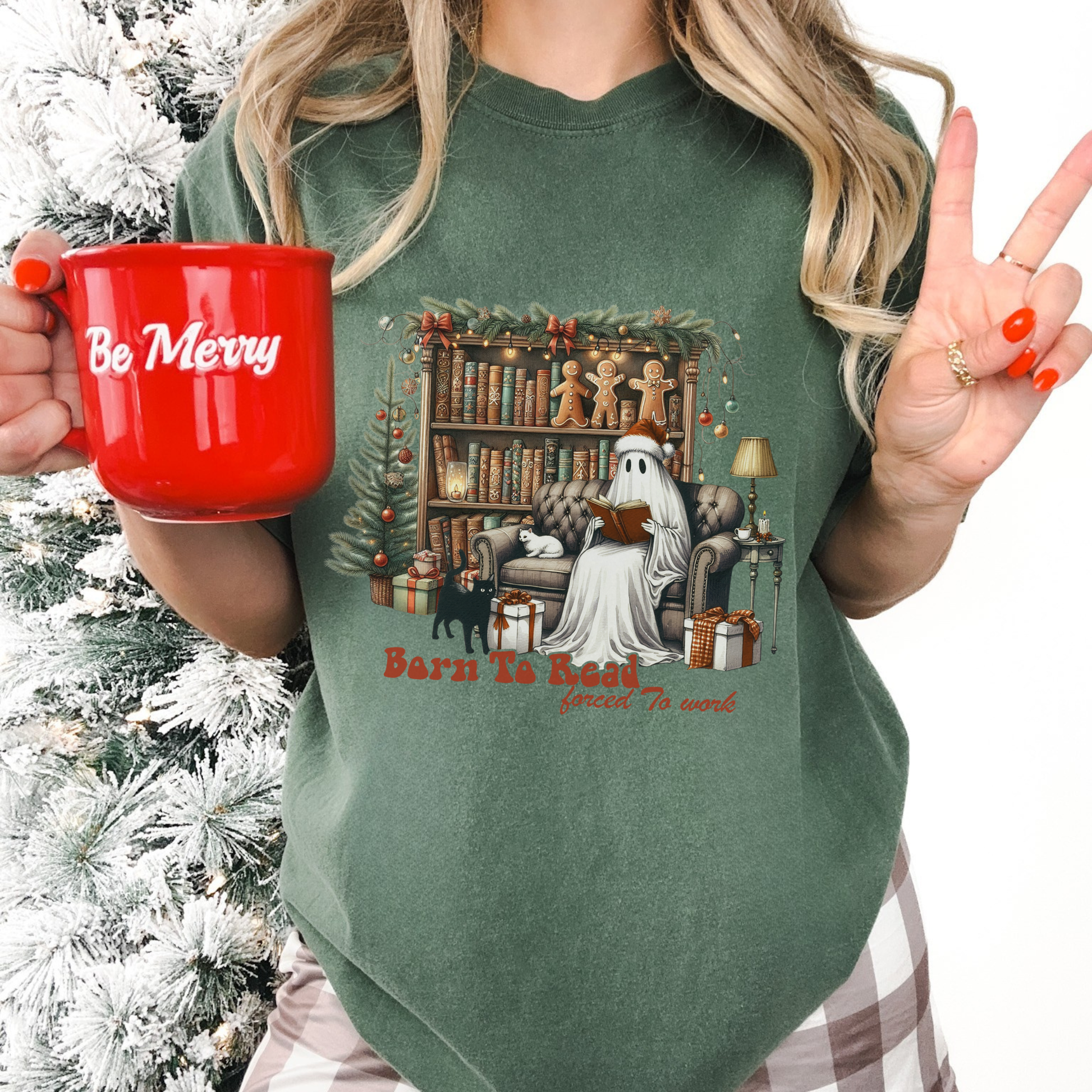 Christmas Ghost Reading Shirt, Born to Read Forced to Work Tee, Book Lover Gift, Funny Holiday Book Shirt, Cozy Boo Tee Comfort Colors