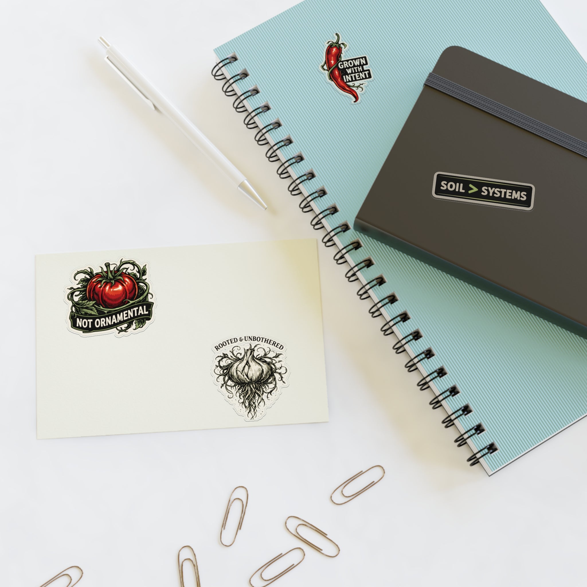 Gardener Sticker Sheet — "Not Ornamental" Tomato, "Grown With Intent" Chili & Soil > Systems