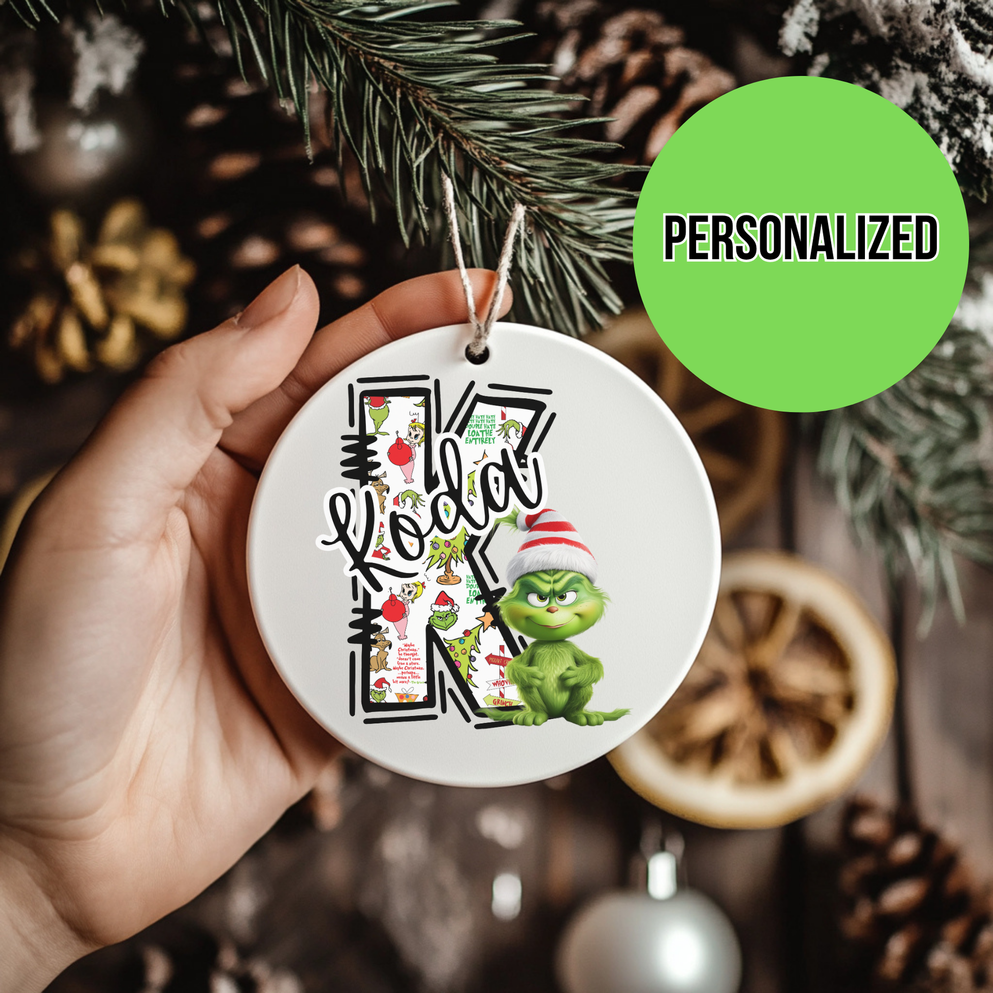Personalized Baby Grinchie Ceramic Ornament, Children's First Initial, Year 2024, Gift Giving, Tree Decoration, Christmas Decor, Grinchie Bed