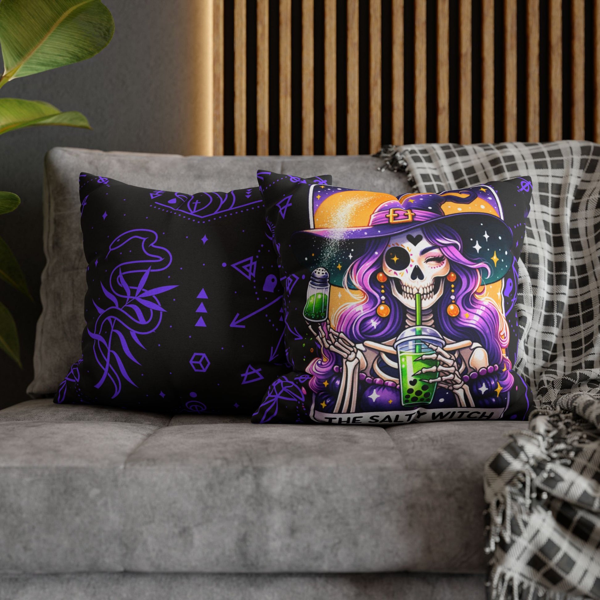 Salty Witch Tarot Pillow Cover – Halloween Skeleton Witch Decor – Witchy Throw Cover – No Insert Included