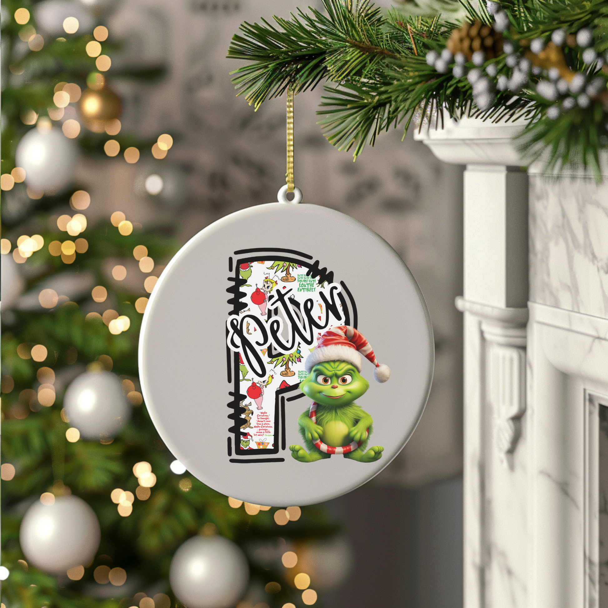 Personalized Baby Grinchie Ceramic Ornament, Children's First Initial, Year 2024, Gift Giving, Tree Decoration, Christmas Decor, Grinchie Bed