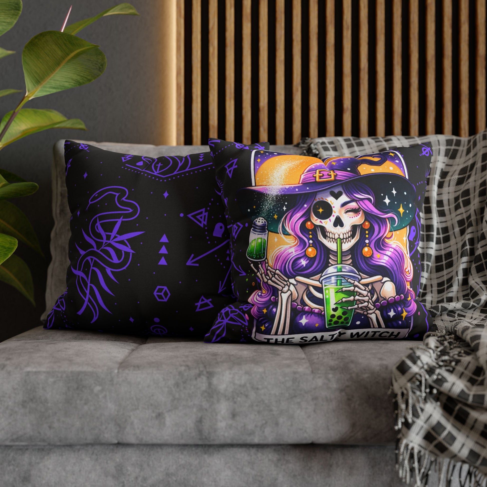 Salty Witch Tarot Pillow Cover – Halloween Skeleton Witch Decor – Witchy Throw Cover – No Insert Included