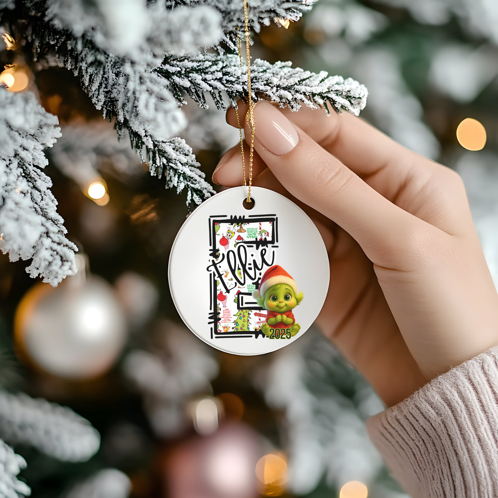 Personalized Baby Grinchie Ceramic Ornament, Children's First Initial, Year 2024, Gift Giving, Tree Decoration, Christmas Decor, Grinchie Bed