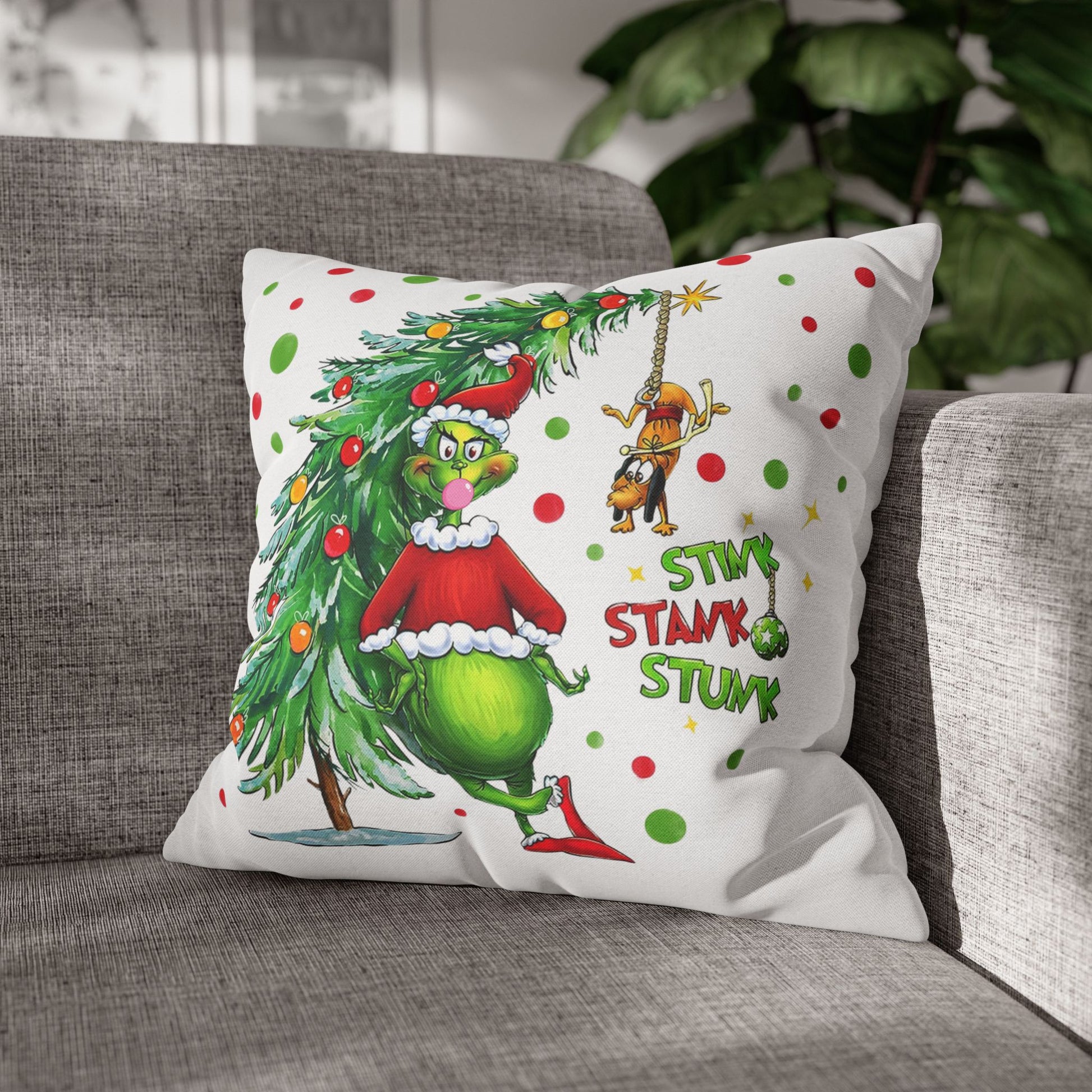 Personalized Grinch Christmas Pillow, Custom Name & Year Holiday Pillow Cover, Funny Kids Xmas Decor Gift