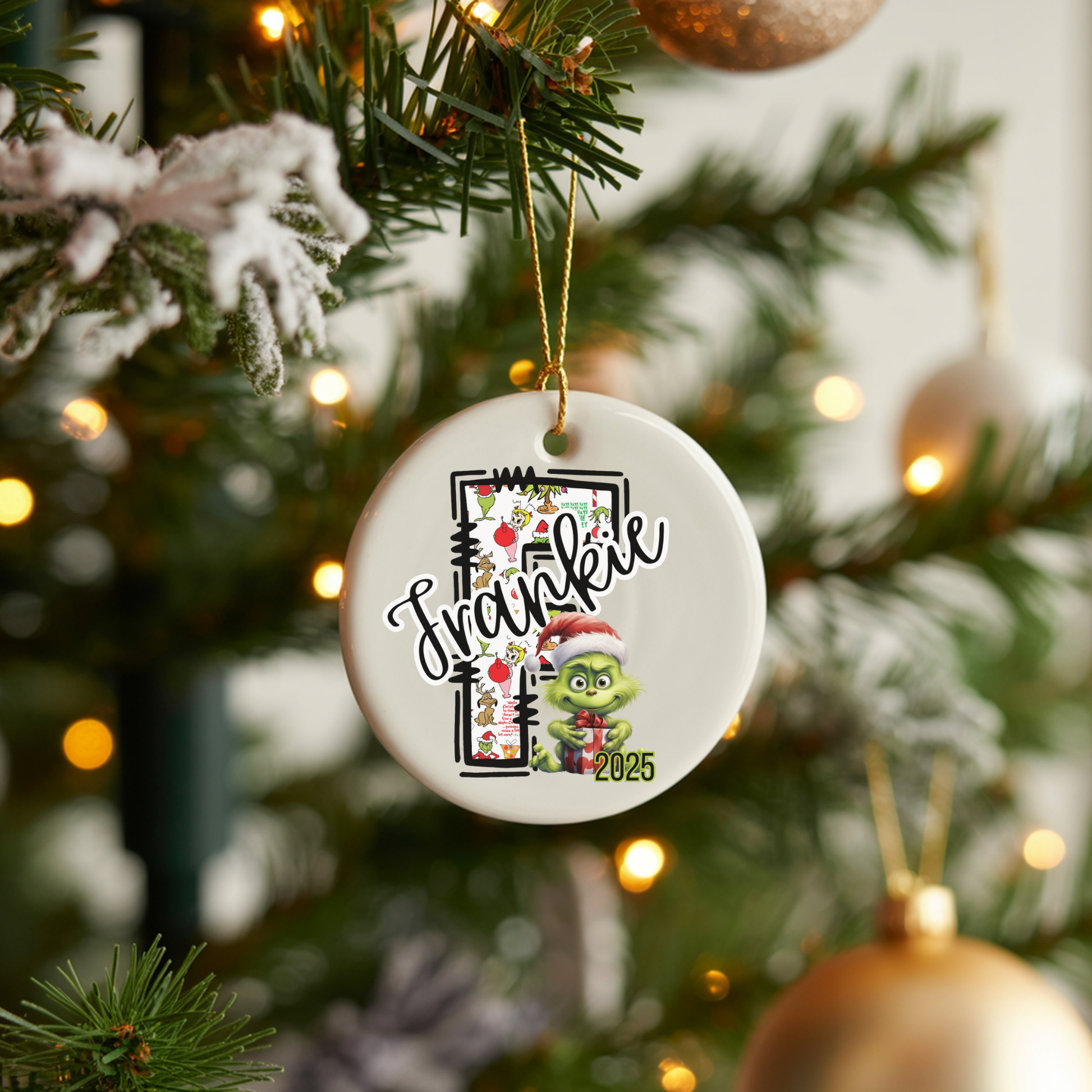 Personalized Baby Grinchie Ceramic Ornament, Children's First Initial, Year 2024, Gift Giving, Tree Decoration, Christmas Decor, Grinchie Bed
