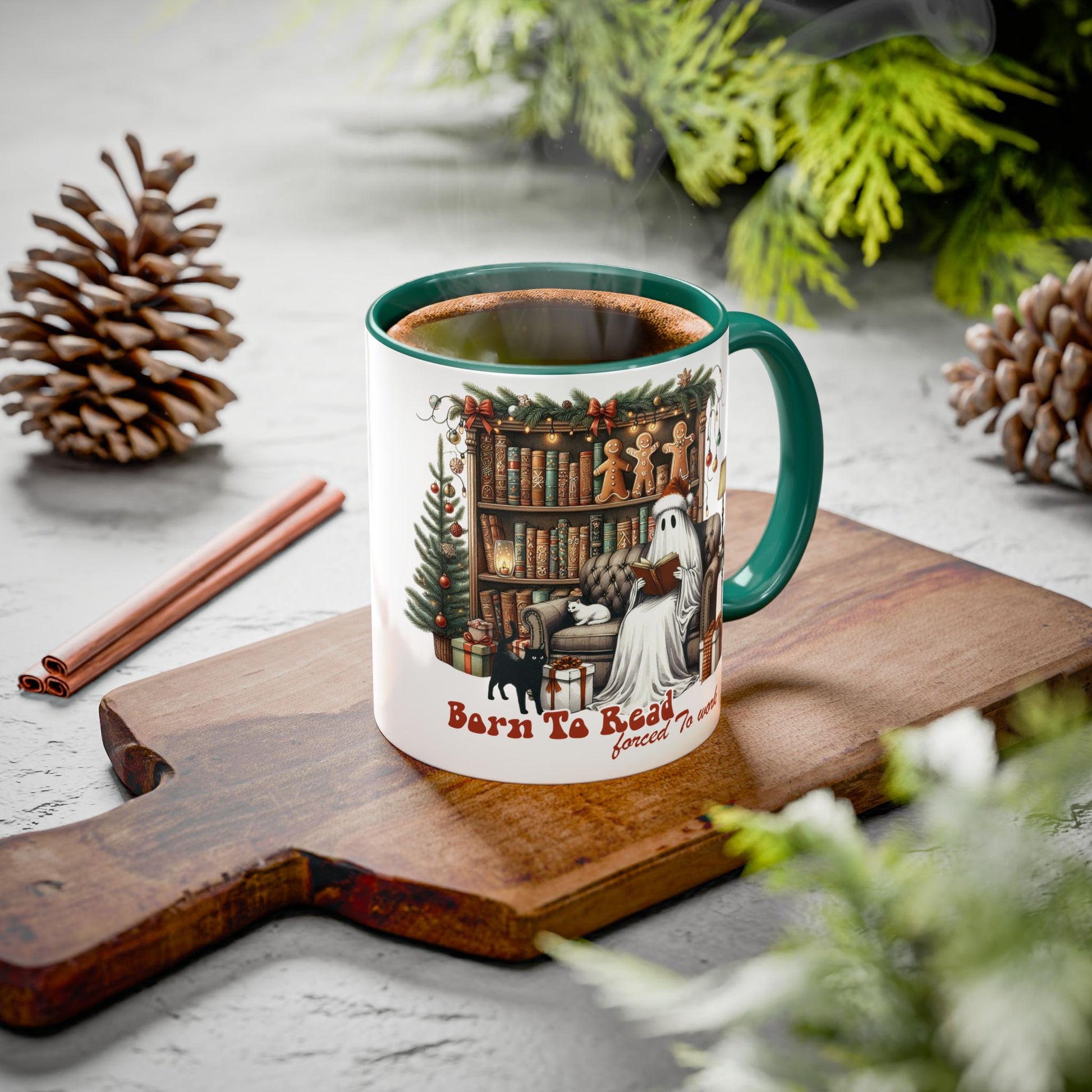 Christmas Ghost Mug, Born to Read Forced to Work Cup, Holiday Book Lover Coffee Mug, Funny Gothic Xmas Gift | 11oz & 15oz
