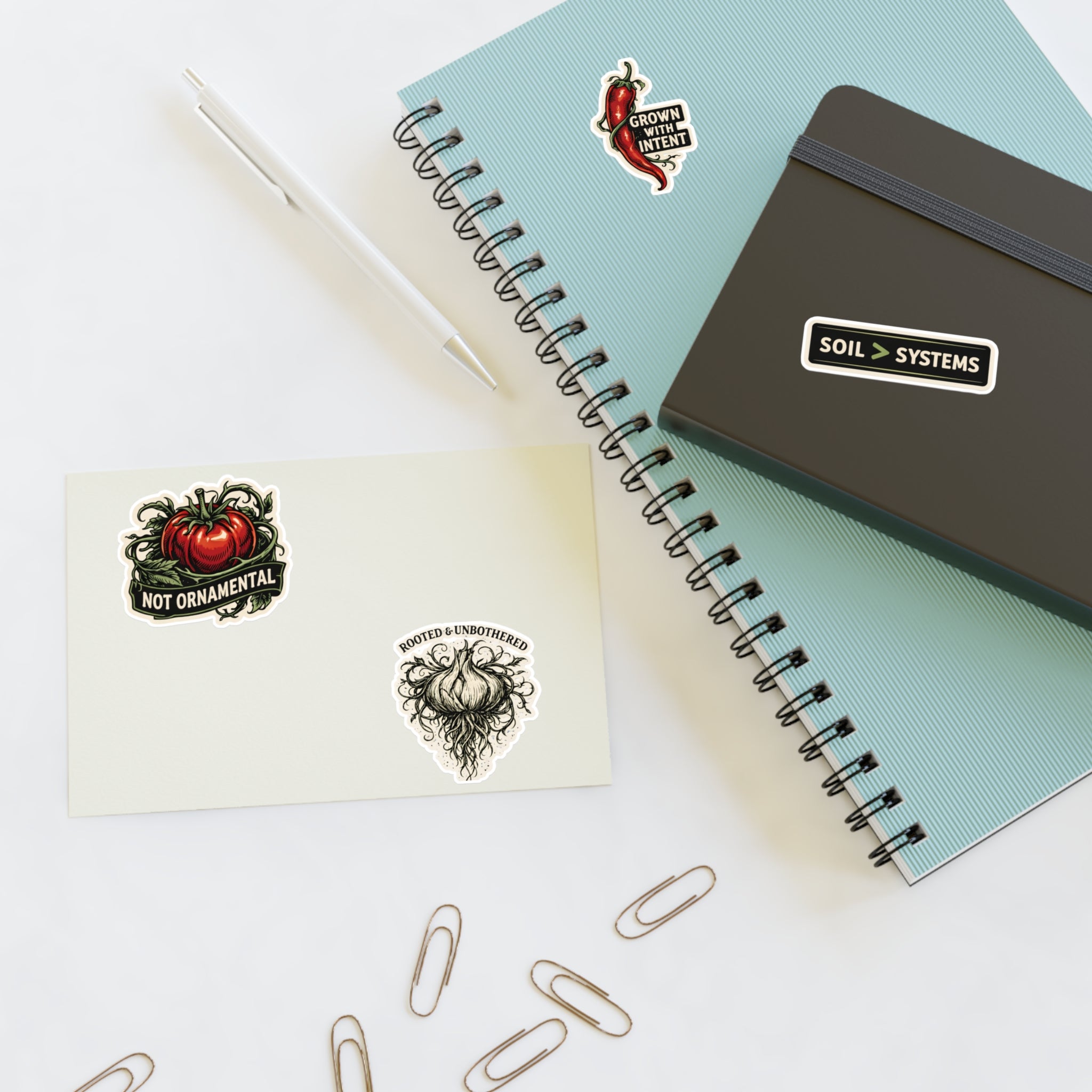 Gardener Sticker Sheet — "Not Ornamental" Tomato, "Grown With Intent" Chili & Soil > Systems
