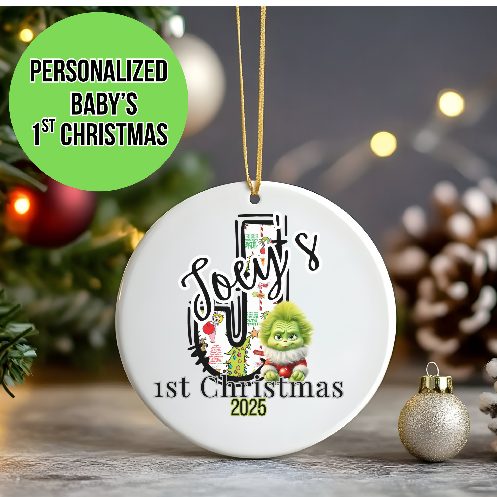 Personalized Baby Grinchie Ceramic Ornament, Children's First Initial, Year 2024, Gift Giving, Tree Decoration, Christmas Decor, Grinchie Bed