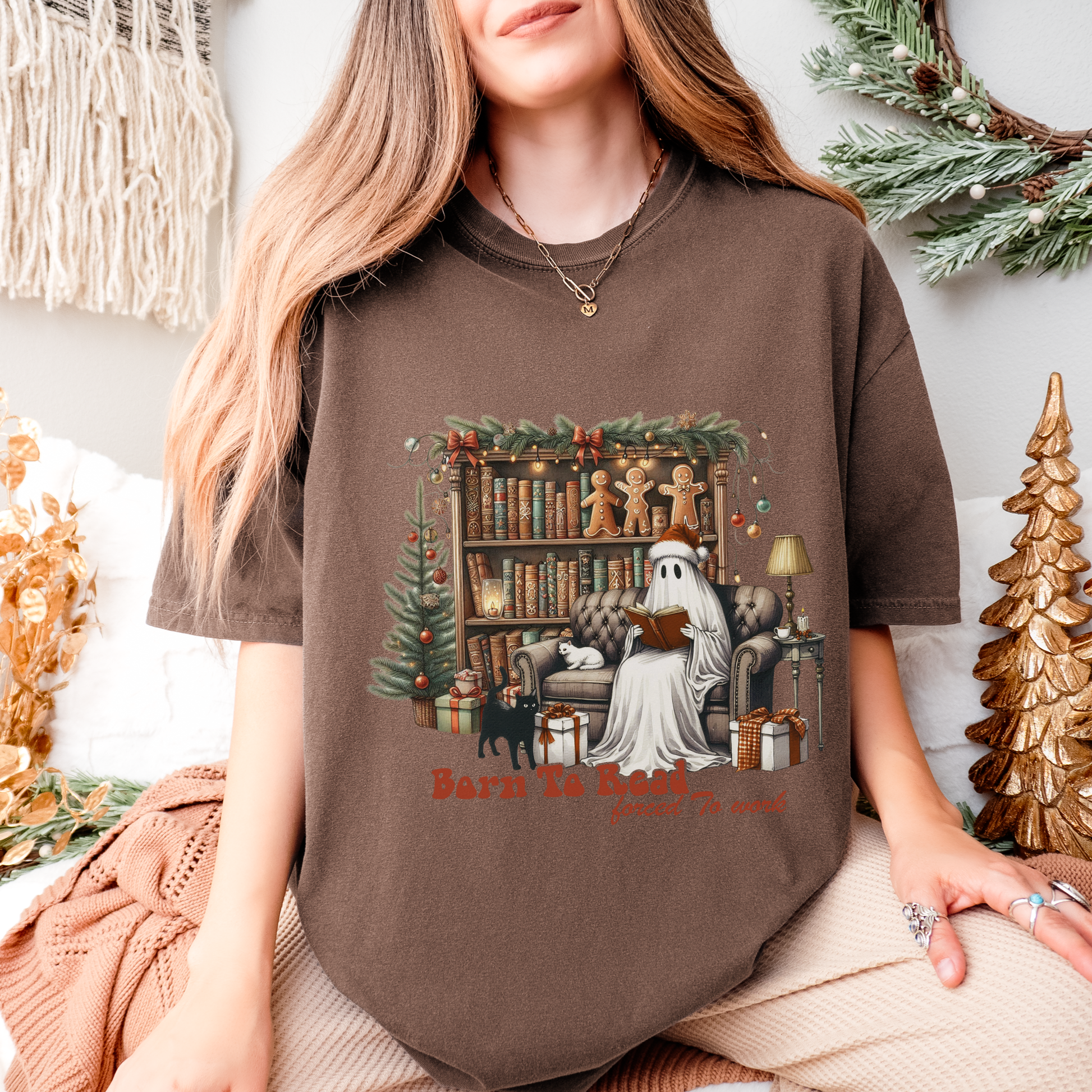 Christmas Ghost Reading Shirt, Born to Read Forced to Work Tee, Book Lover Gift, Funny Holiday Book Shirt, Cozy Boo Tee Comfort Colors
