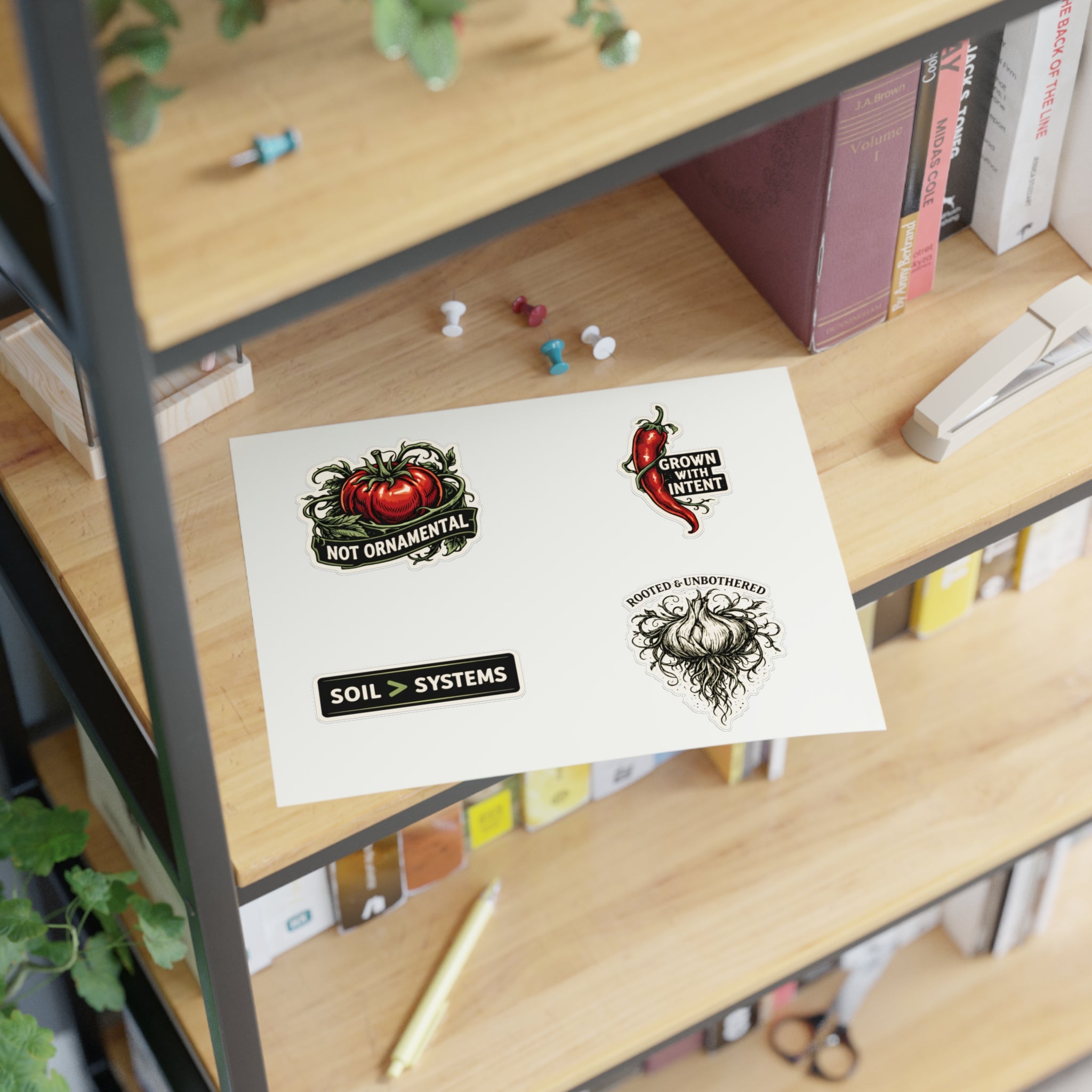 Gardener Sticker Sheet — "Not Ornamental" Tomato, "Grown With Intent" Chili & Soil > Systems