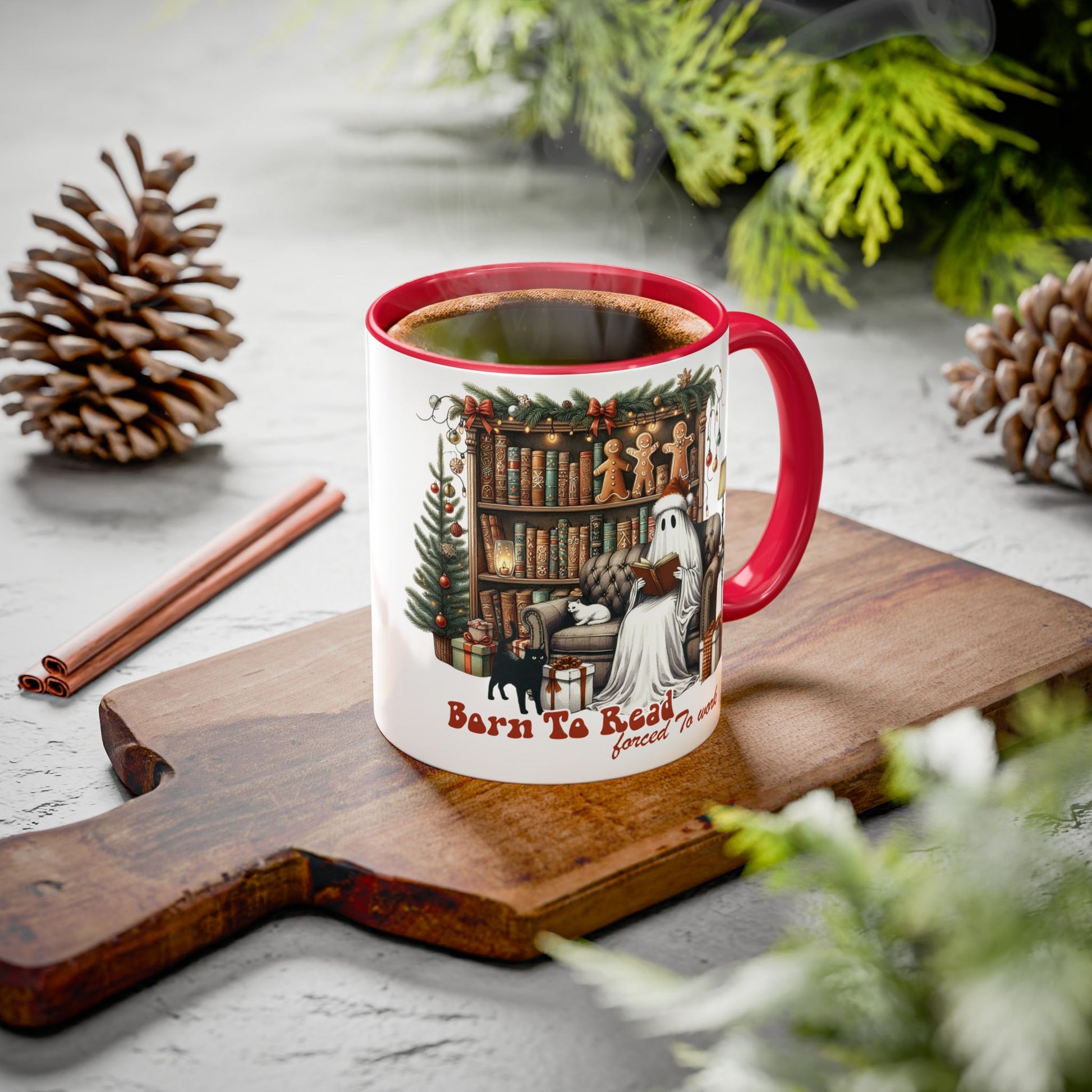 Christmas Ghost Mug, Born to Read Forced to Work Cup, Holiday Book Lover Coffee Mug, Funny Gothic Xmas Gift | 11oz & 15oz