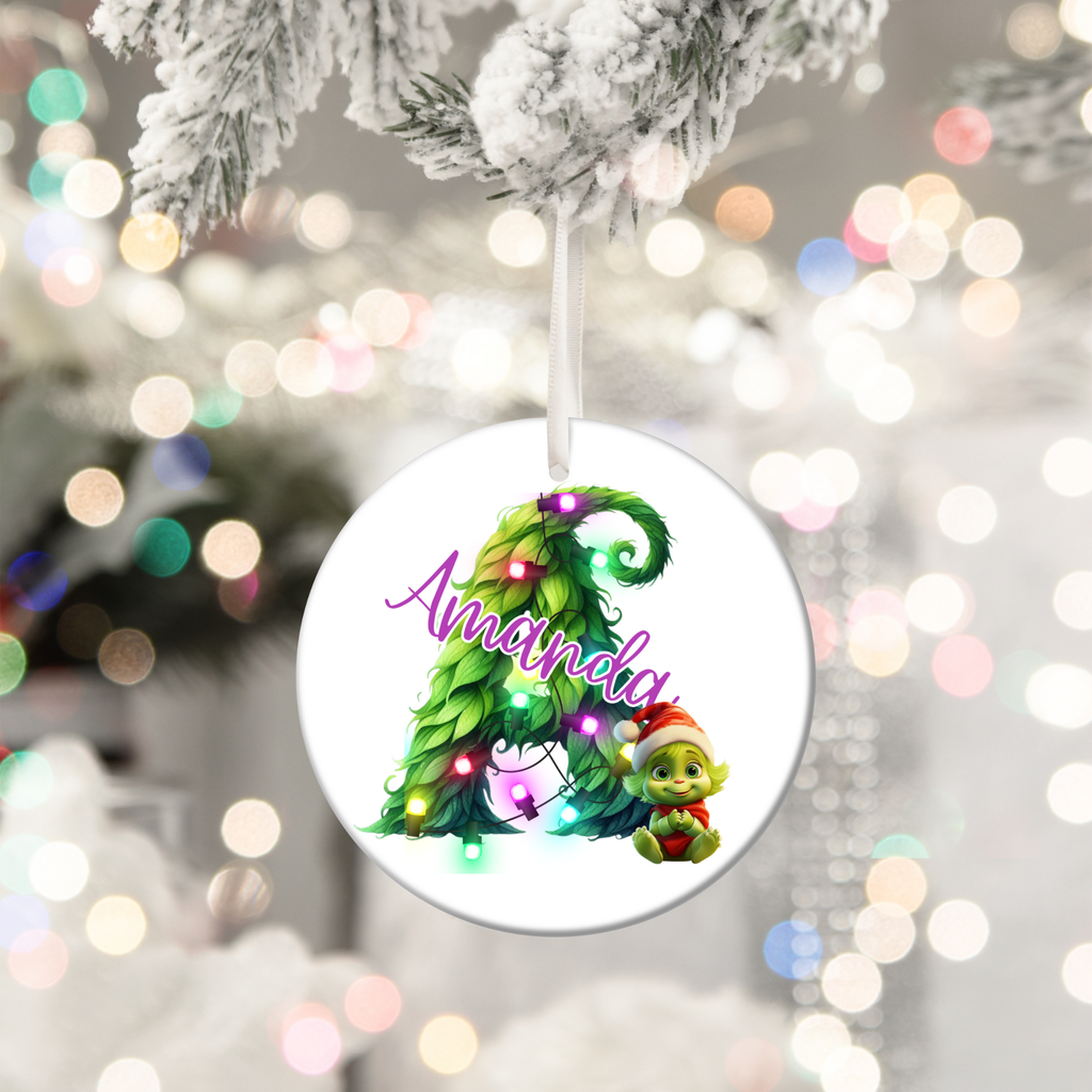 Personalized Kids Christmas Ornament, Babys First Christmas Gift, Custom Ceramic Holiday Ornament with Name, Grinchy Green Decor