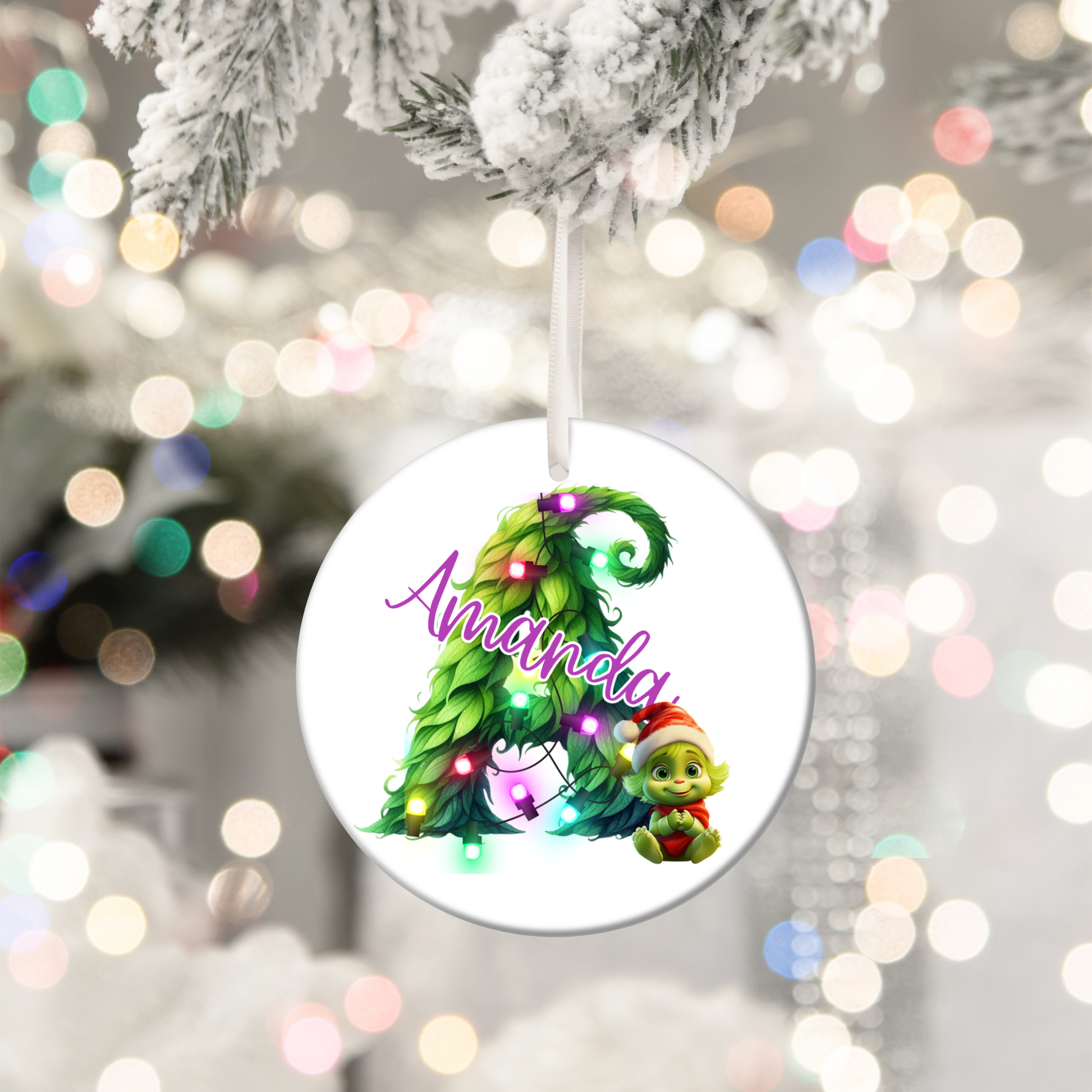 Personalized Kids Christmas Ornament, Babys First Christmas Gift, Custom Ceramic Holiday Ornament with Name, Grinchy Green Decor