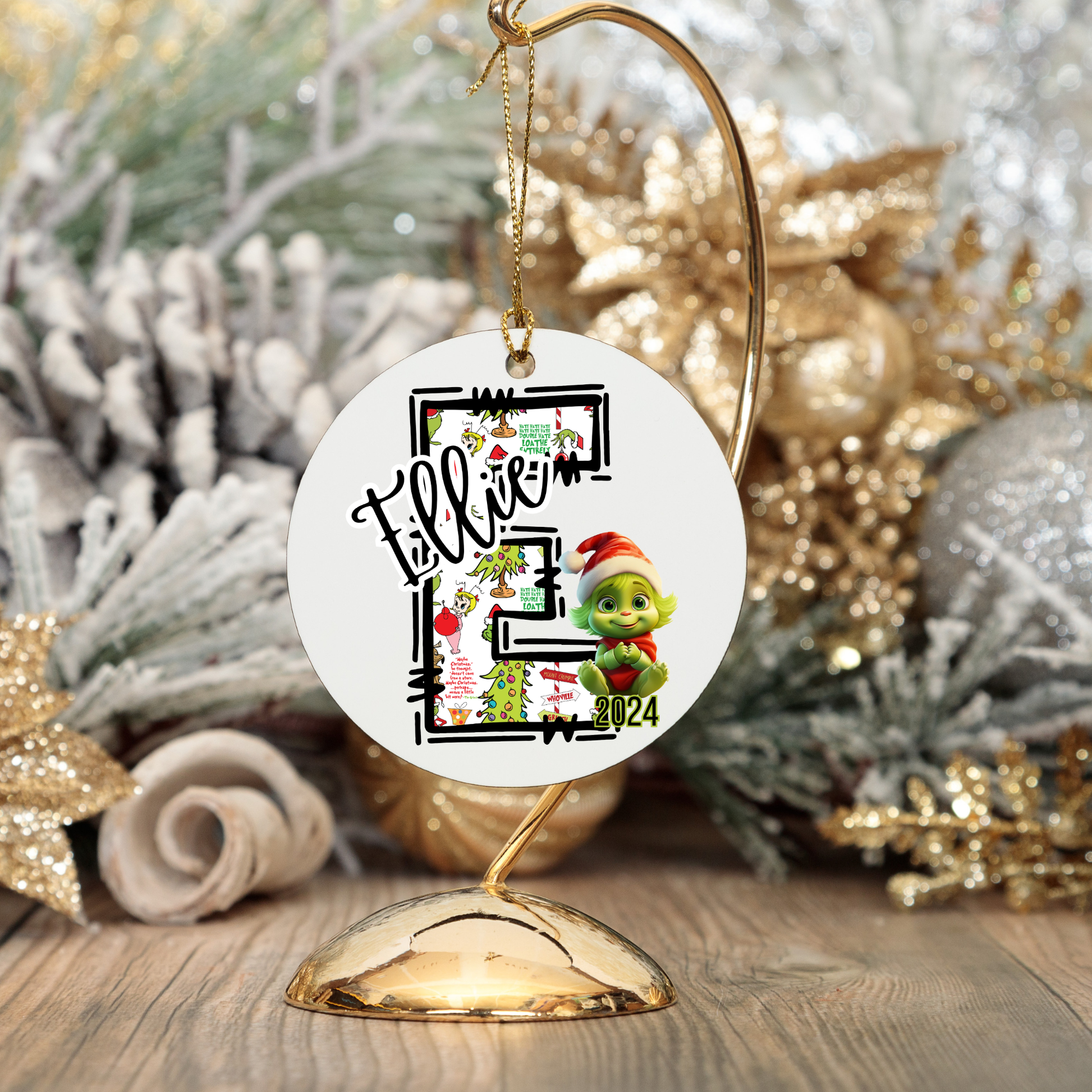 Personalized Baby Grinchie Ceramic Ornament, Children's First Initial, Year 2024, Gift Giving, Tree Decoration, Christmas Decor, Grinchie Bed