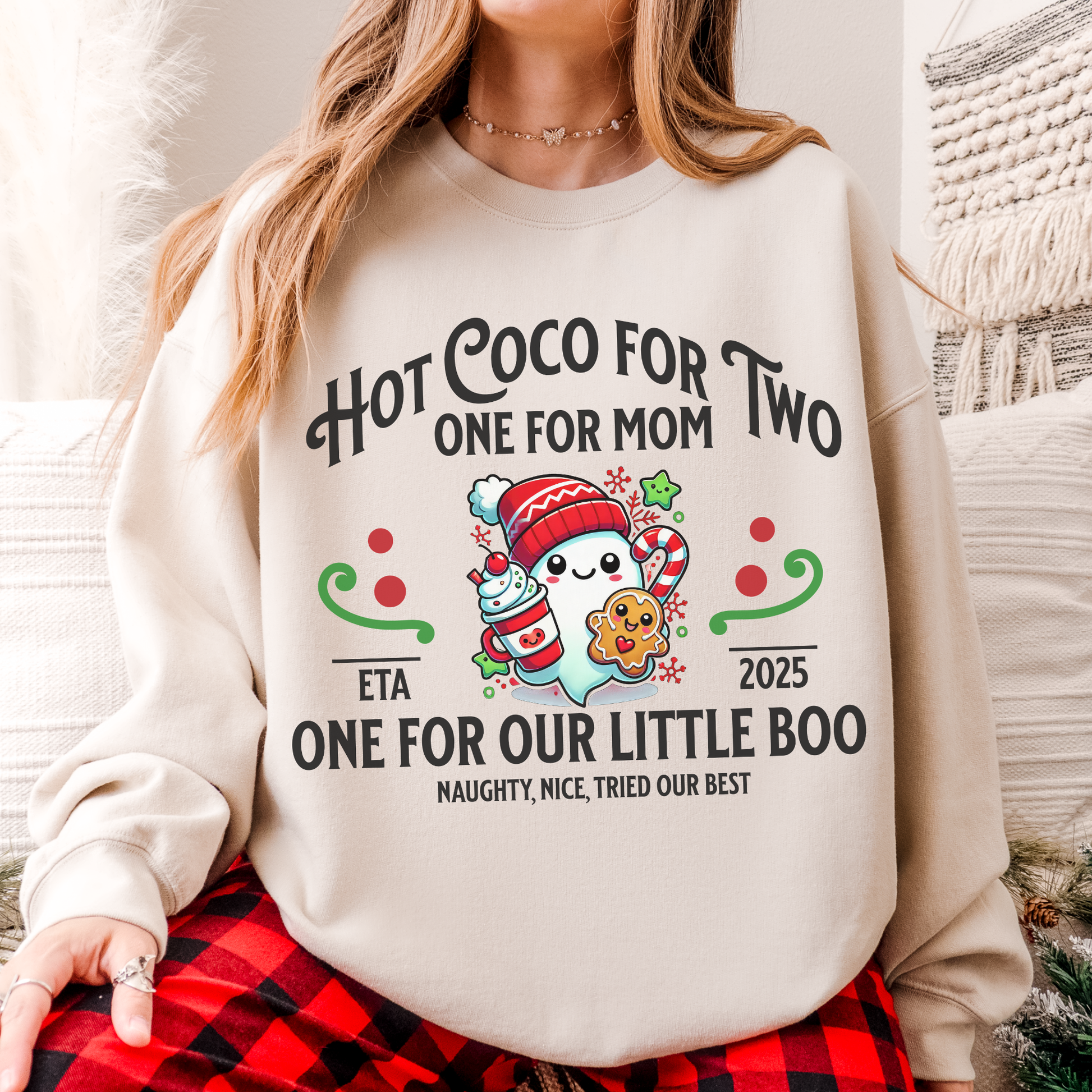 Christmas Birth Announcement Sweatshirt, Trendy Boho Ghost, Hot Chocolate, Cookies, Women's Gift, Unique Baby Announcement