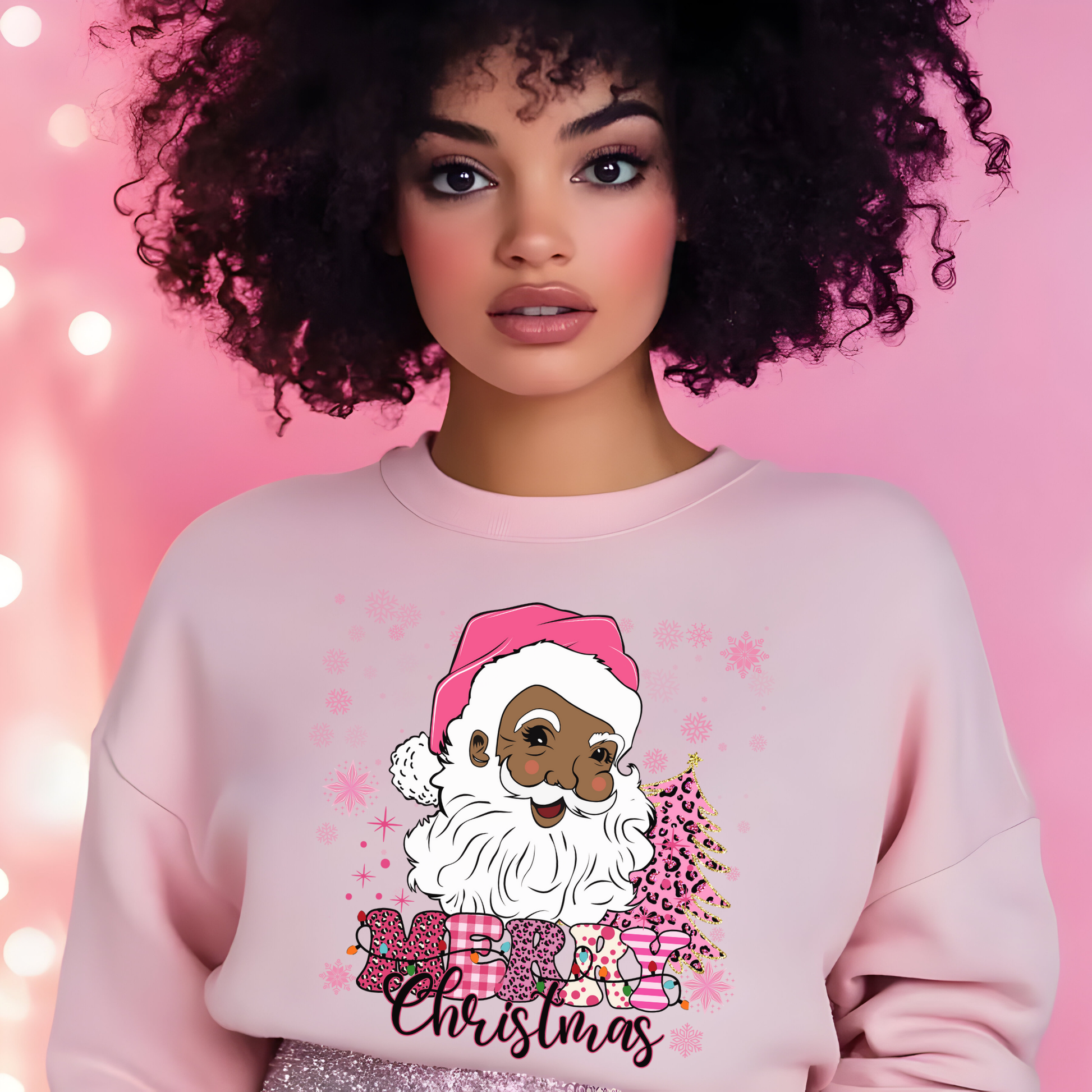 Retro African Santa Sweatshirt, Pink Christmas Winter Jumper, Cozy Holiday Pullover, Festive Xmas Top, Nostalgic Winter Clothing