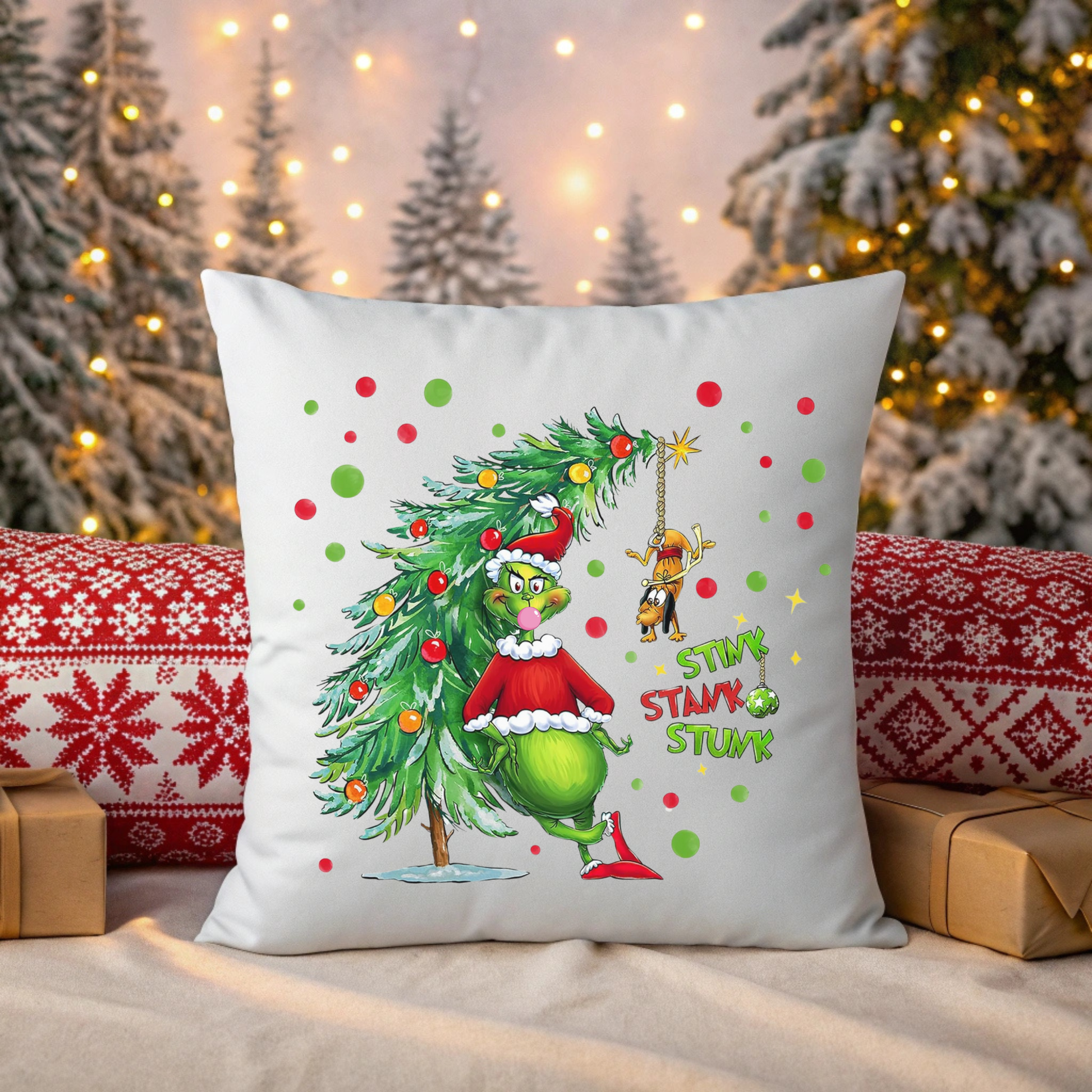 Personalized Grinch Christmas Pillow, Custom Name & Year Holiday Pillow Cover, Funny Kids Xmas Decor Gift