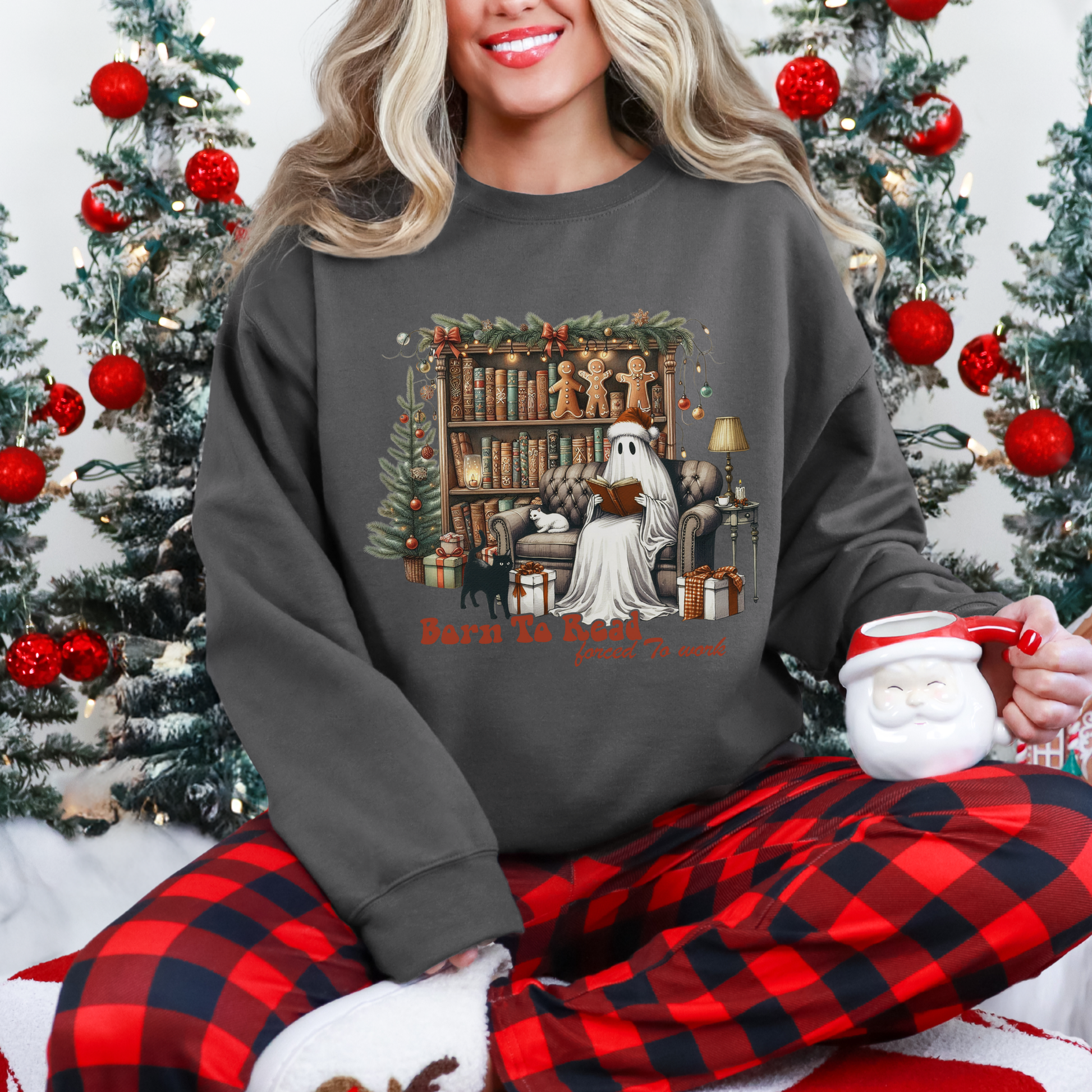 Christmas Ghost Reading Shirt, Born to Read Forced to Work Tee, Book Lover Gift, Funny Holiday Book Shirt, Cozy Boo Tee. Comfort Colors