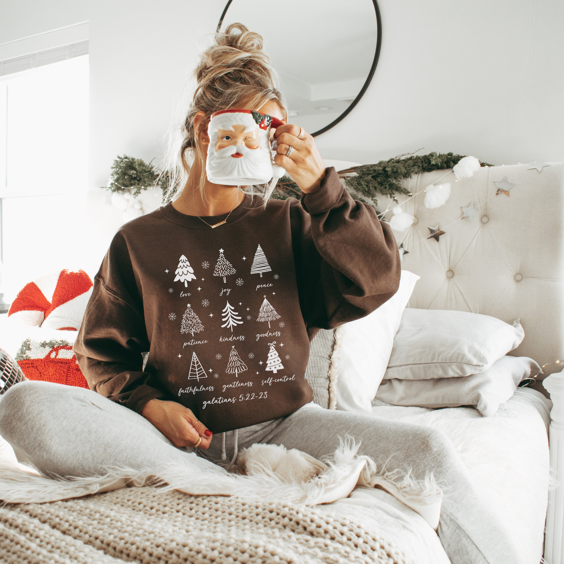 Christian Christmas Sweatshirt, Fruits of the Spirit Trees, Bible Verse Holiday Crewneck, Faith-Based Gift