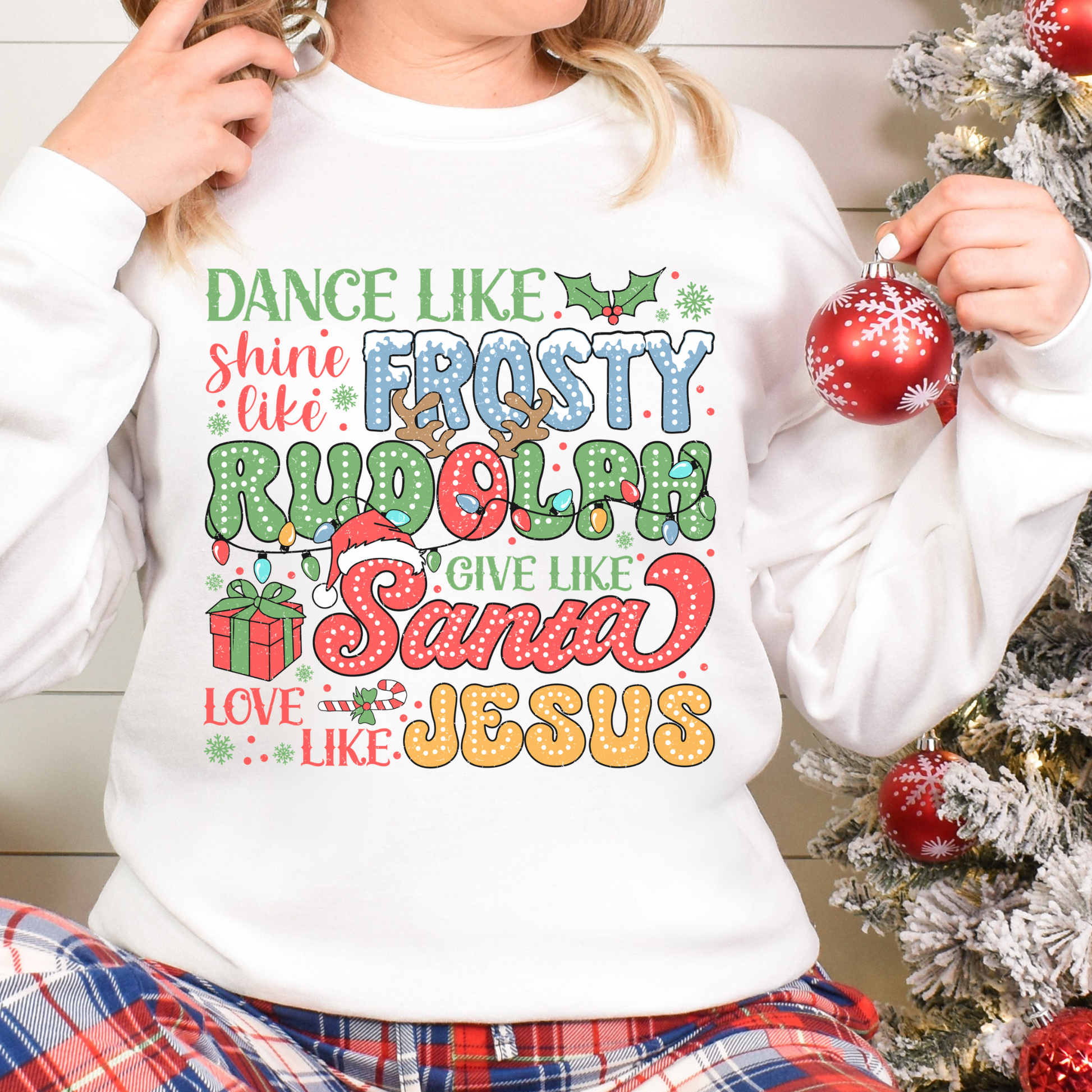 Personalized Christmas Sweatshirt, Dance Like Frosty Rudolph Santa Jesus, Holiday Graphic Gildan 18000 Pullover, Xmas Crewneck