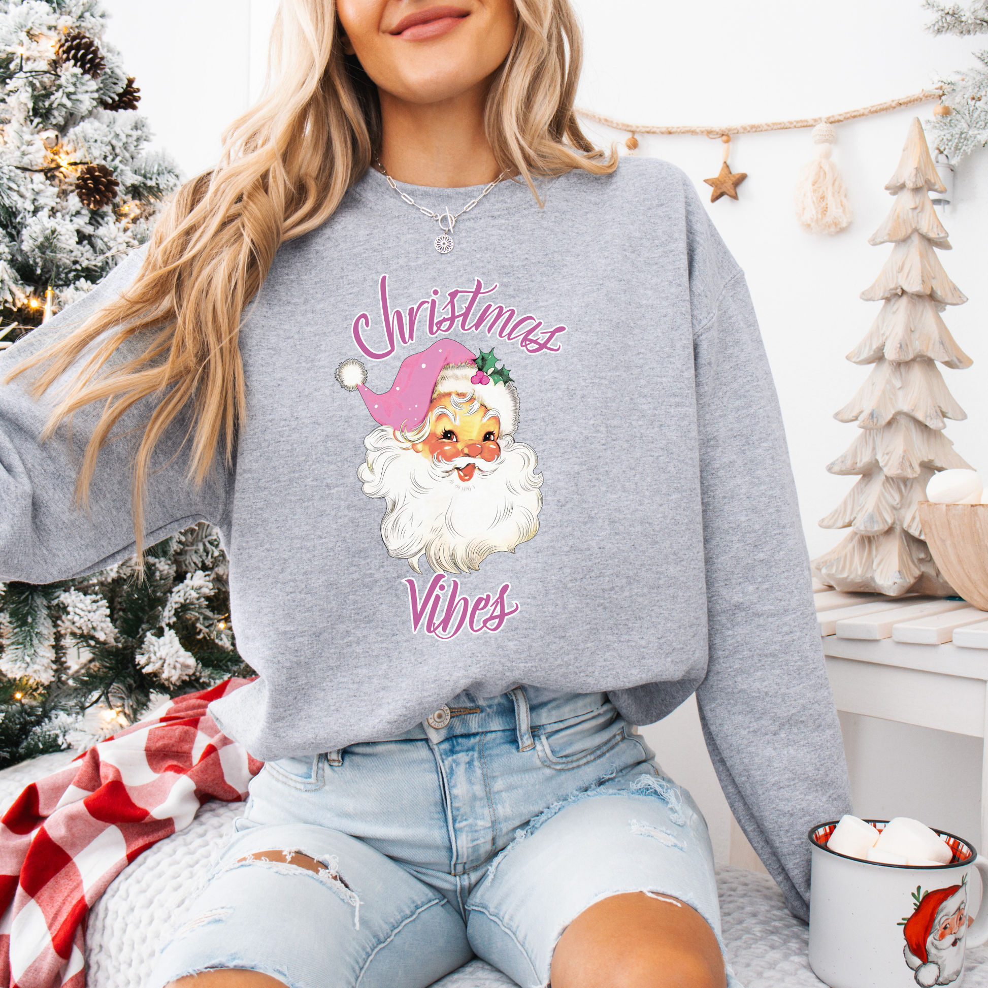 Pink Retro Santa Christmas Sweatshirt | Christmas Vibes Gildan 18000 Pullover | Vintage Holiday Crewneck for Women