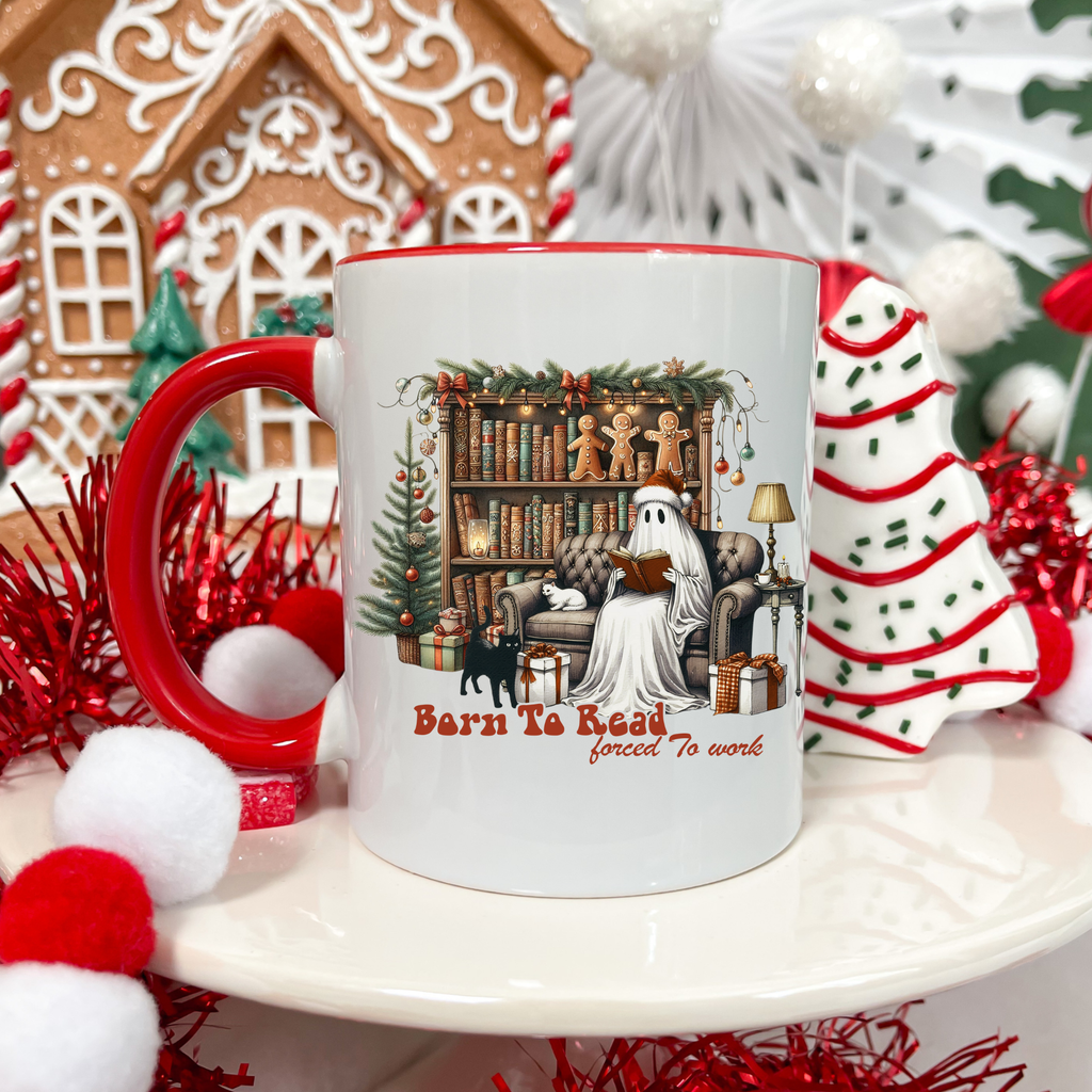 Christmas Ghost Mug, Born to Read Forced to Work Cup, Holiday Book Lover Coffee Mug, Funny Gothic Xmas Gift | 11oz & 15oz