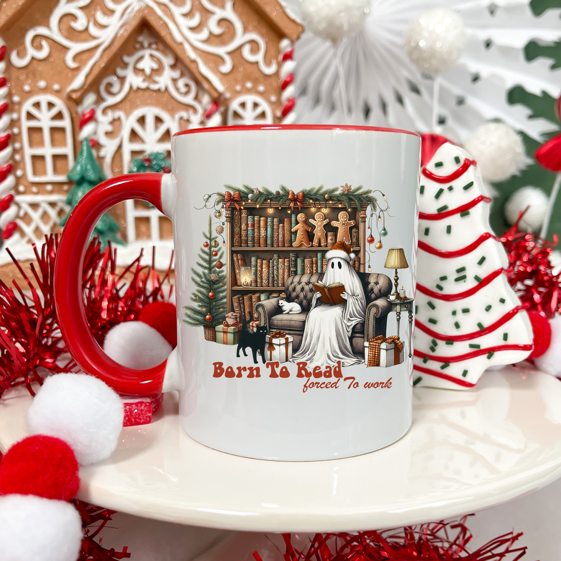 Christmas Ghost Mug, Born to Read Forced to Work Cup, Holiday Book Lover Coffee Mug, Funny Gothic Xmas Gift | 11oz & 15oz