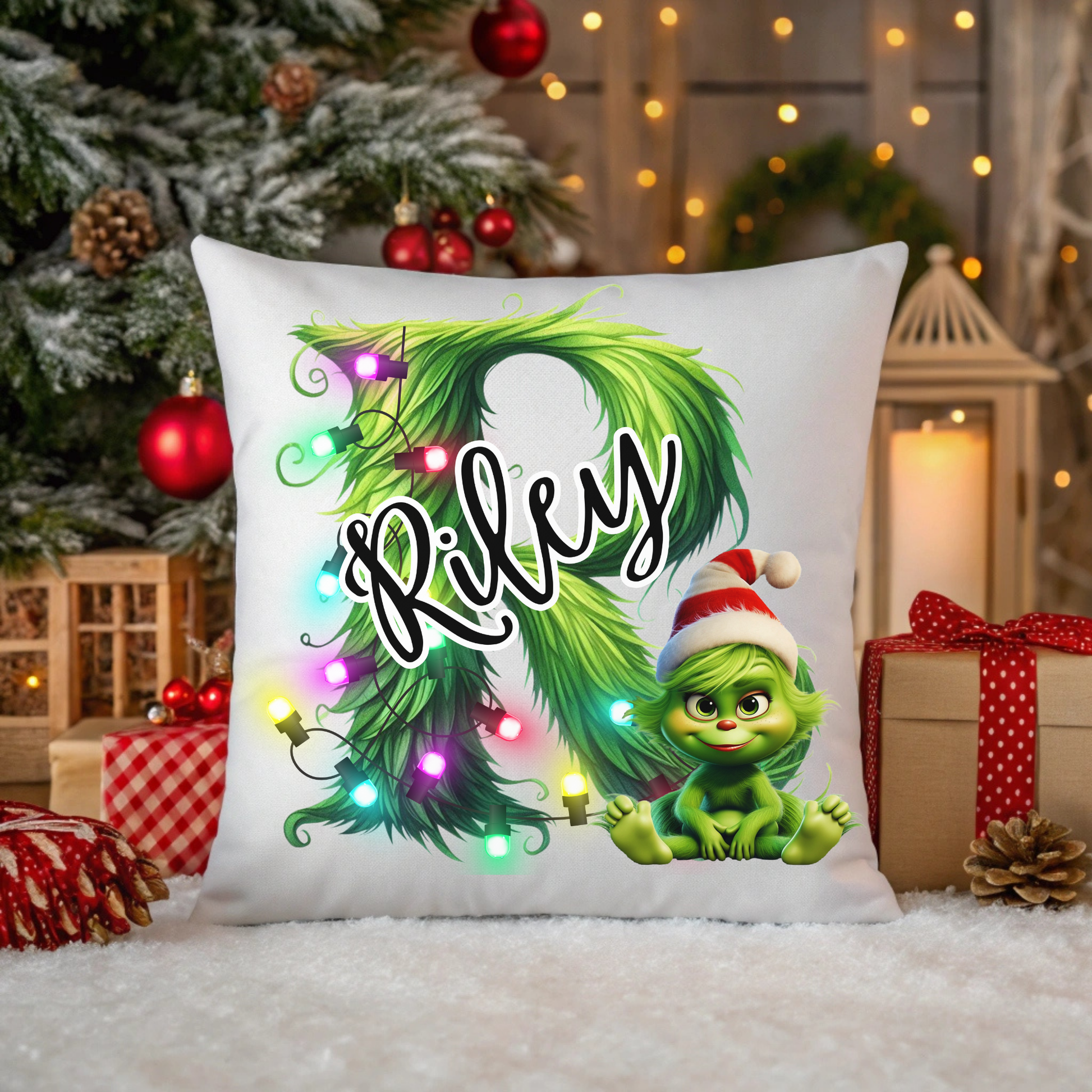Personalized Grinchy Baby Christmas Pillow, Babys 1st Christmas Gift, Kids Holiday Pillow Cover, Custom Name Christmas Decor