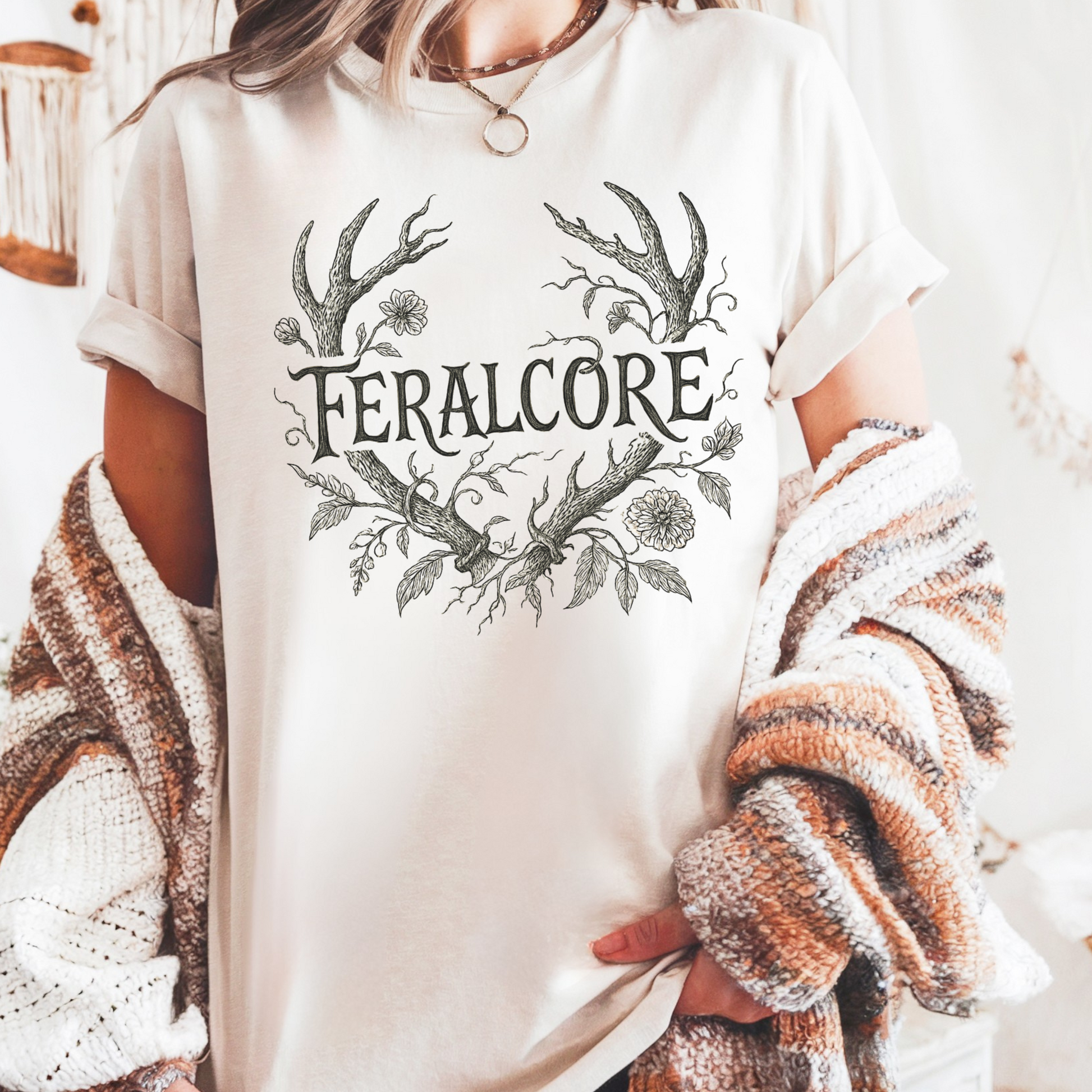 Feralcore Cottagecore Antler Shirt – Dark Forestcore Floral Graphic Tee