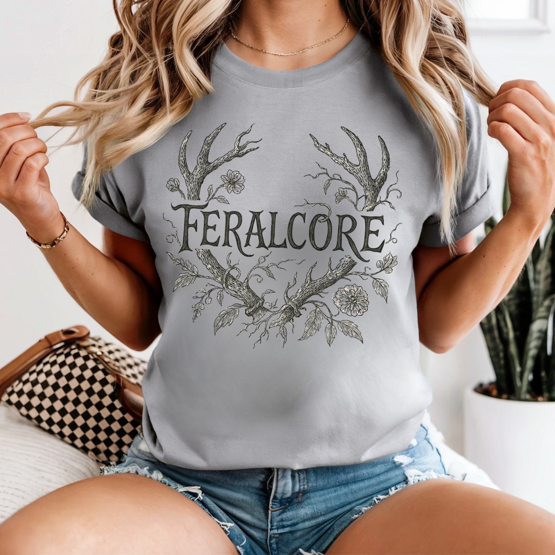 Feralcore Cottagecore Antler Shirt – Dark Forestcore Floral Graphic Tee