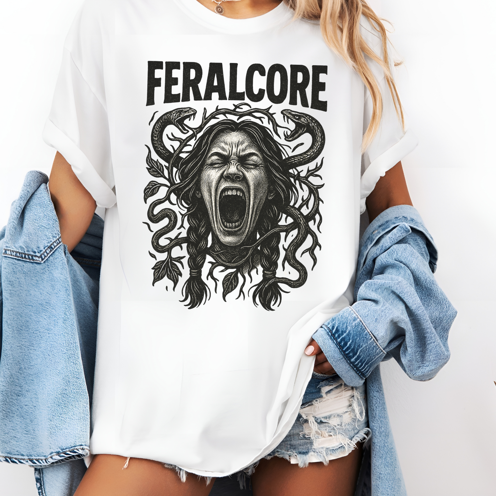 Feralcore Medusa Shirt – Feminist Rage Graphic Tee with Snake Hair & Gothic Mythology Vibes
