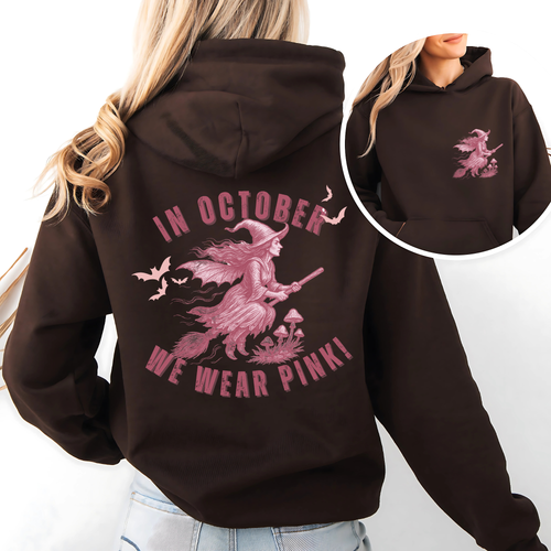 Custom In October We Wear Pink Hoodie – Breast Cancer Awareness Witch Sweatshirt