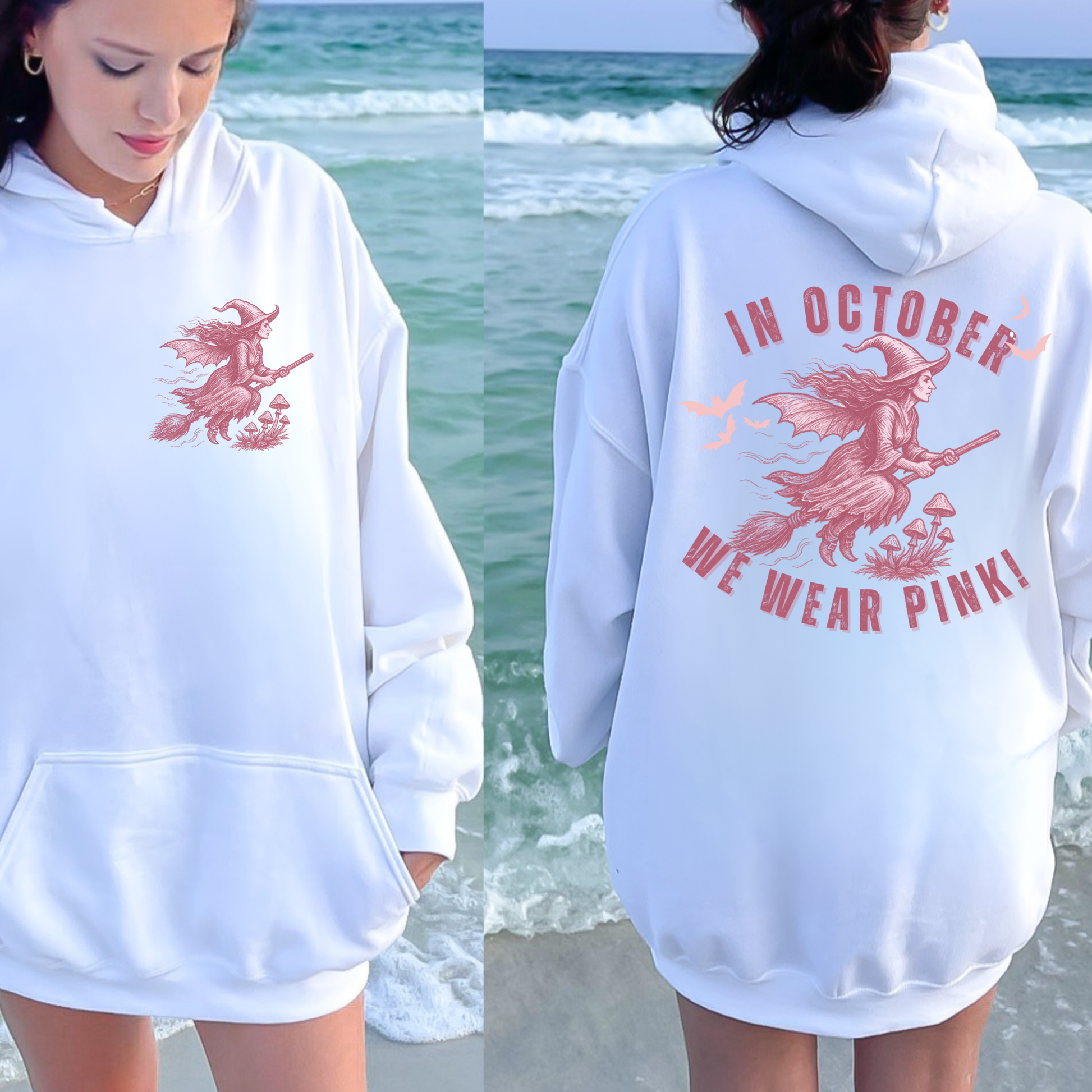 Custom In October We Wear Pink Hoodie – Breast Cancer Awareness Witch Sweatshirt