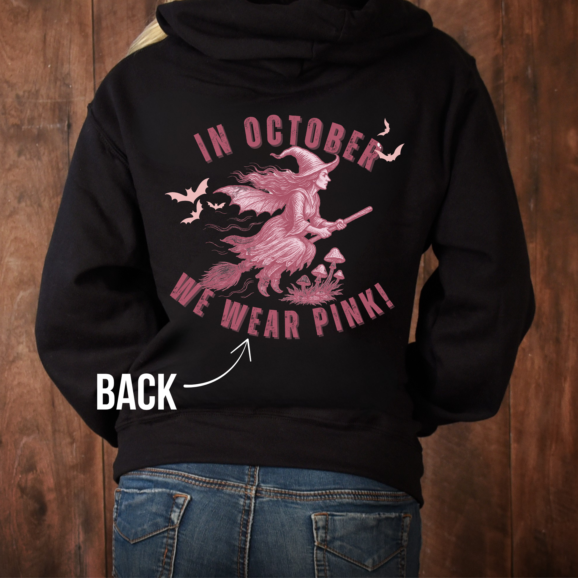 Custom In October We Wear Pink Hoodie – Breast Cancer Awareness Witch Sweatshirt
