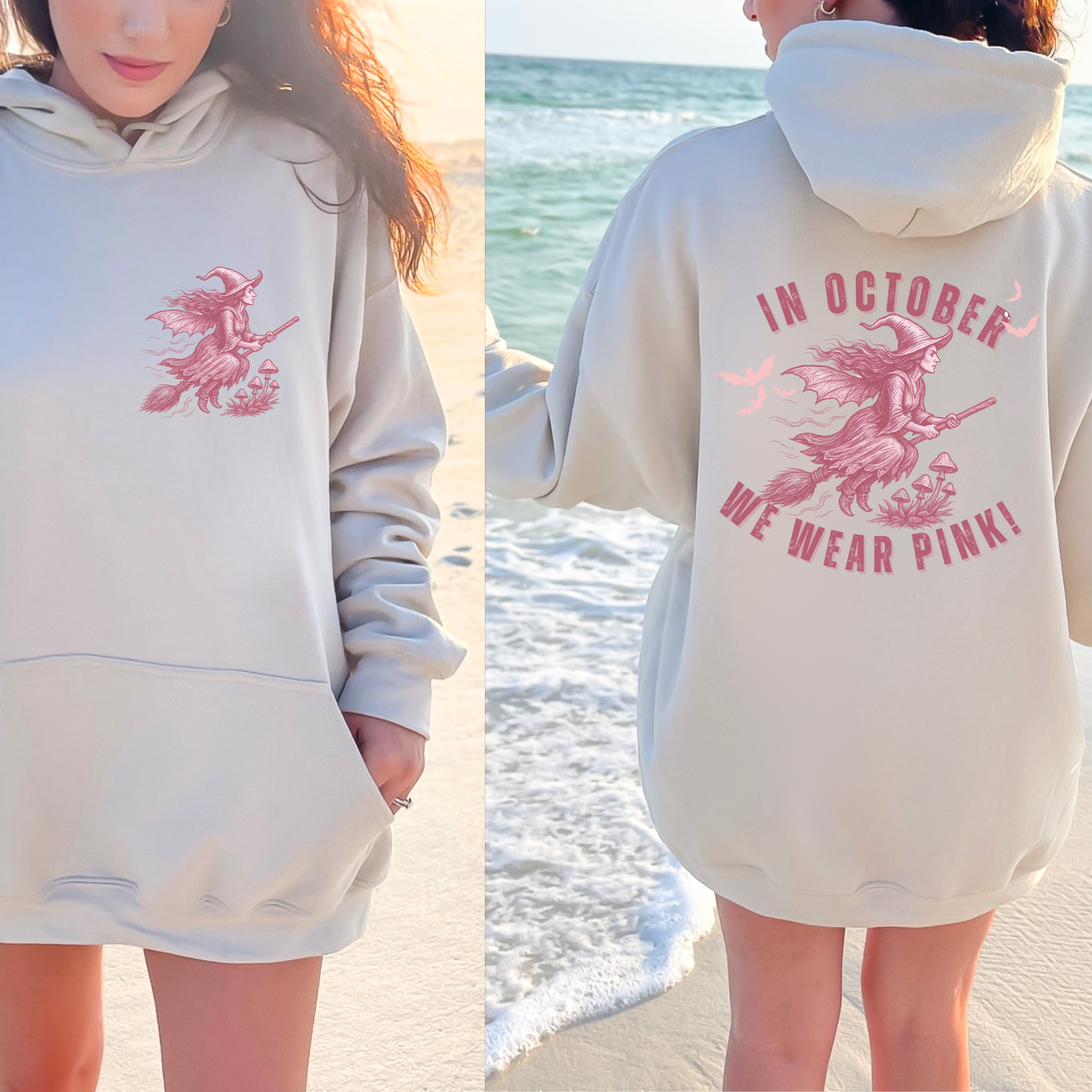 Custom In October We Wear Pink Hoodie – Breast Cancer Awareness Witch Sweatshirt