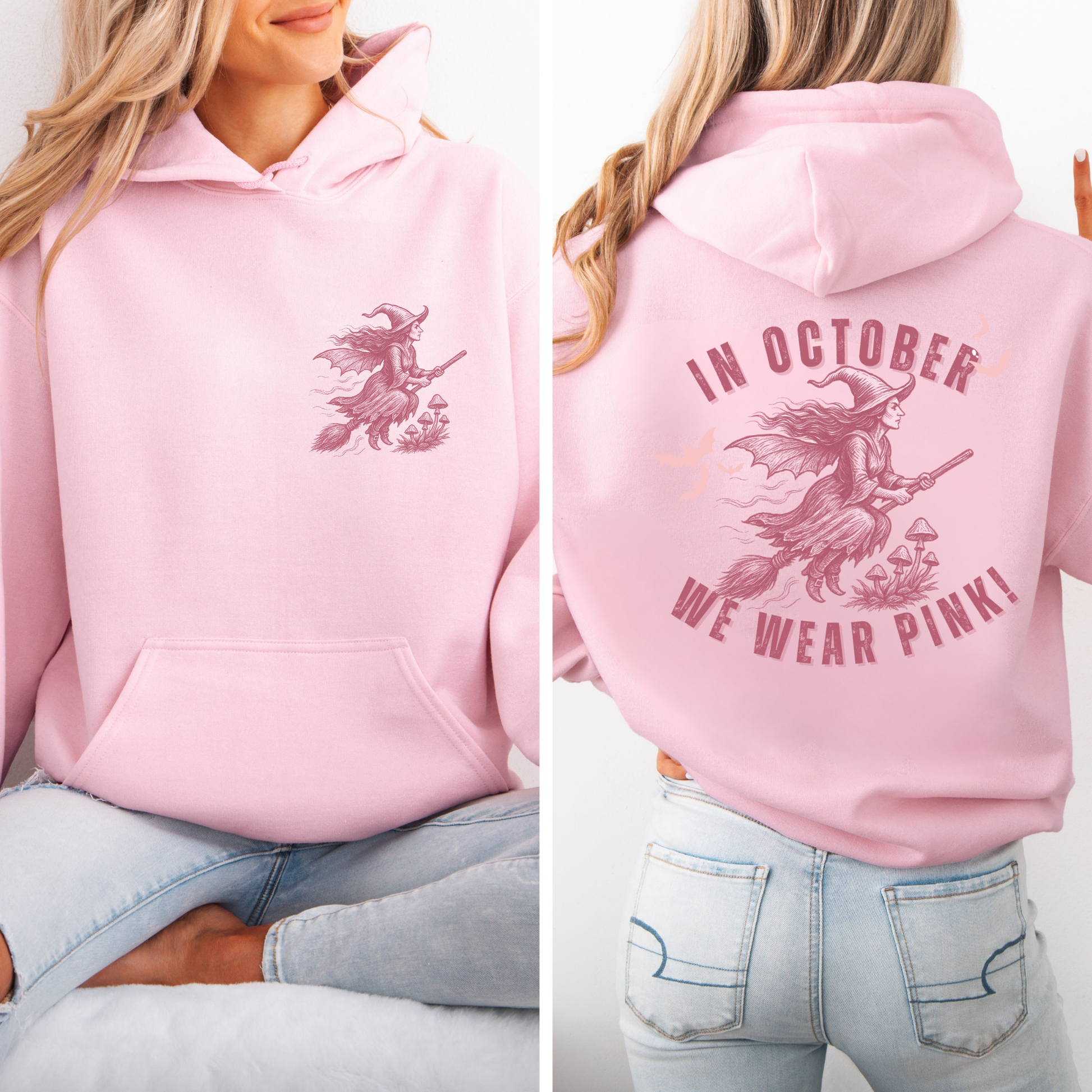 Custom In October We Wear Pink Hoodie – Breast Cancer Awareness Witch Sweatshirt