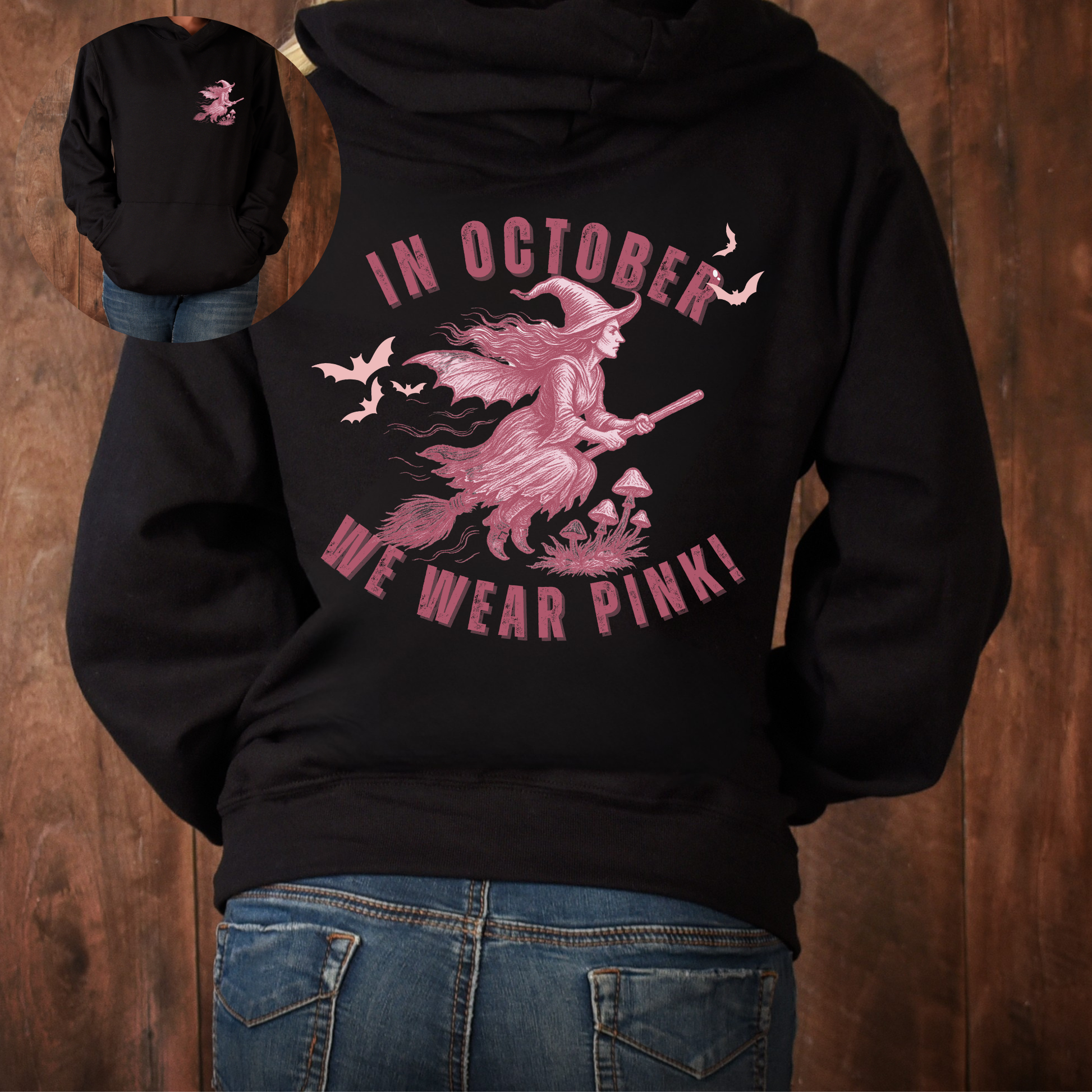 Custom In October We Wear Pink Hoodie – Breast Cancer Awareness Witch Sweatshirt