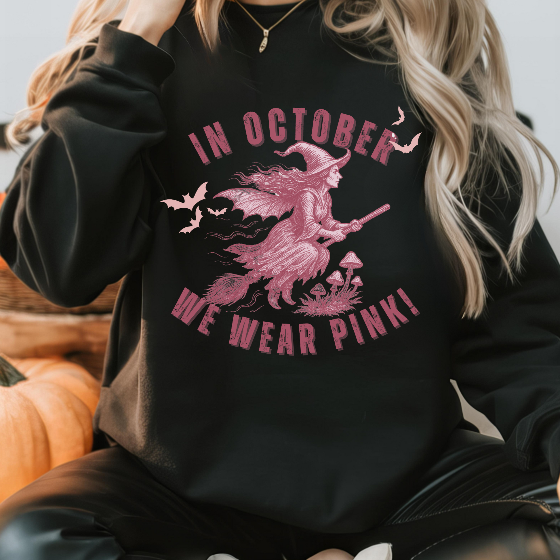 Personalized In October We Wear Pink Hoodie – Breast Cancer Awareness Witch Sweatshirt