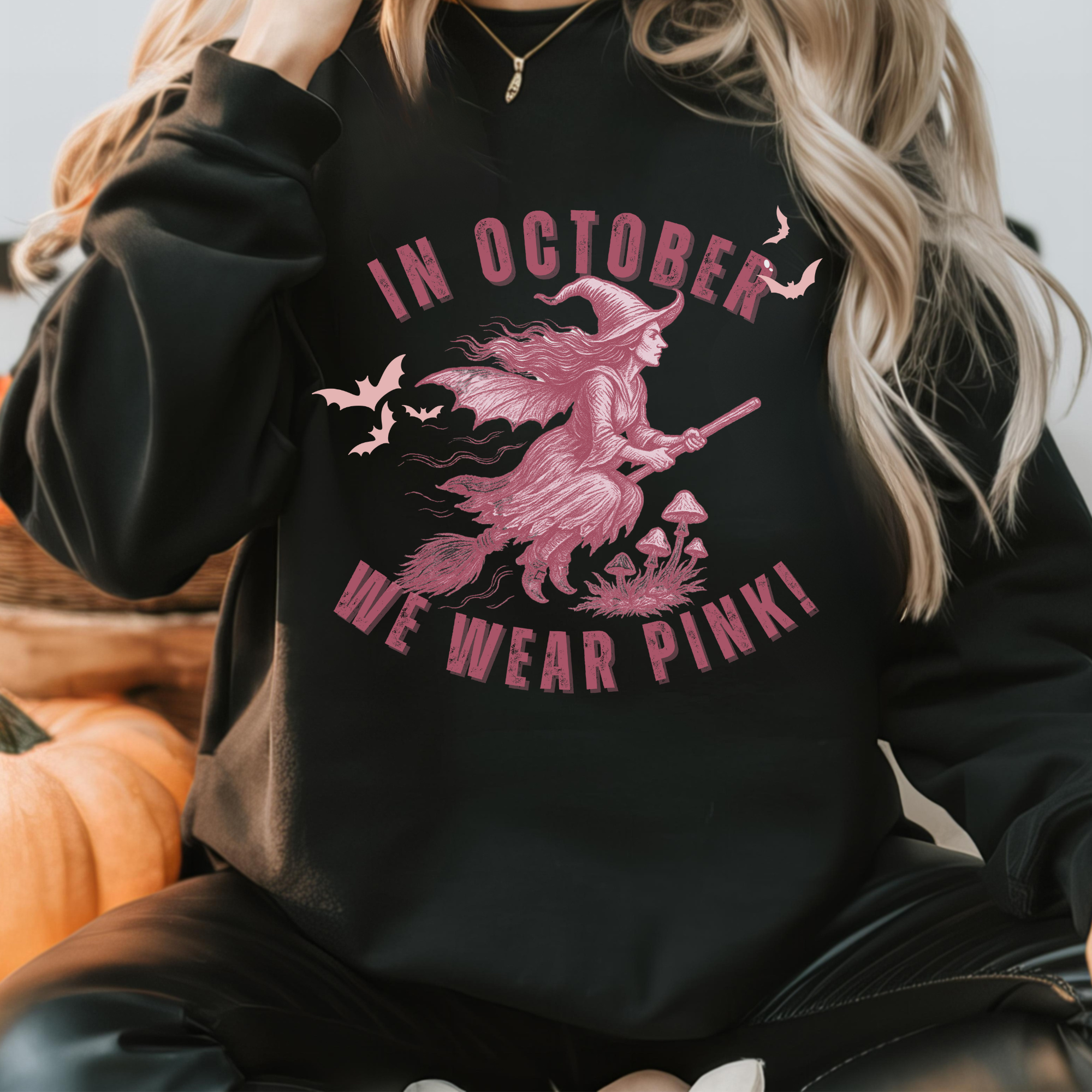 Personalized In October We Wear Pink Hoodie – Breast Cancer Awareness Witch Sweatshirt