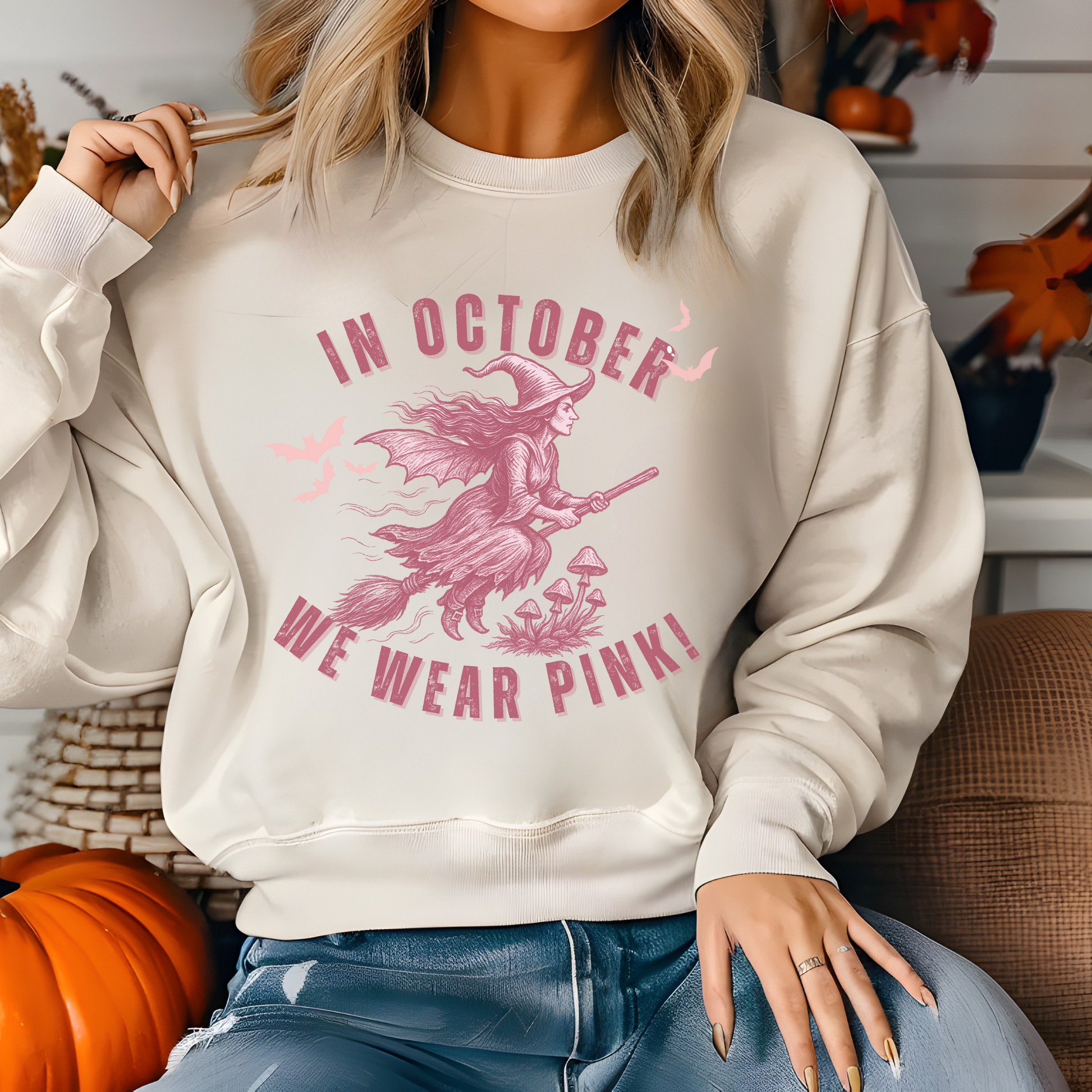 Personalized In October We Wear Pink Hoodie – Breast Cancer Awareness Witch Sweatshirt
